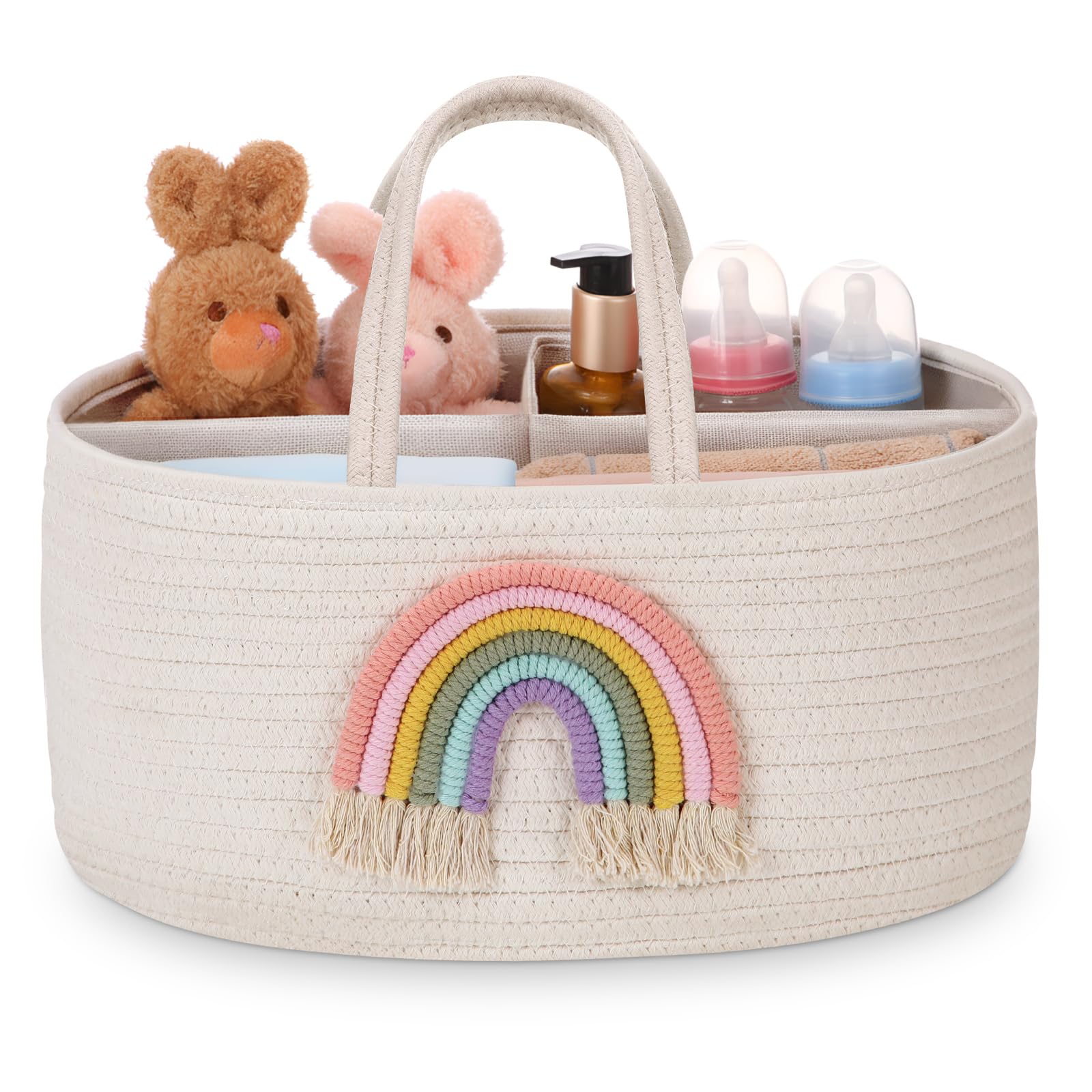 Aliceset Baby Diaper Caddy Organizer Cotton Rope Woven Nursery Storage Bin Basket with Divider for Changing Table Car
