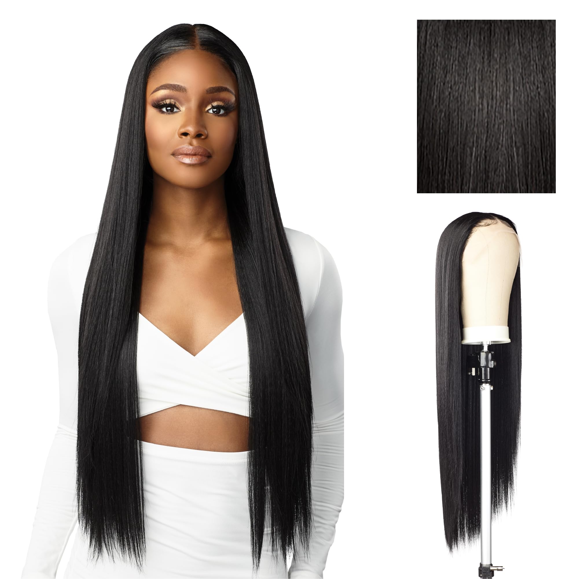 Sensationnel Butta Lace Hhm Wigs - Straight 32 Inch Human Hair Blend Extra Wide 5 Inch Parting Preplucked Hairline Glueless Lacefront (1B OFFBLACK)