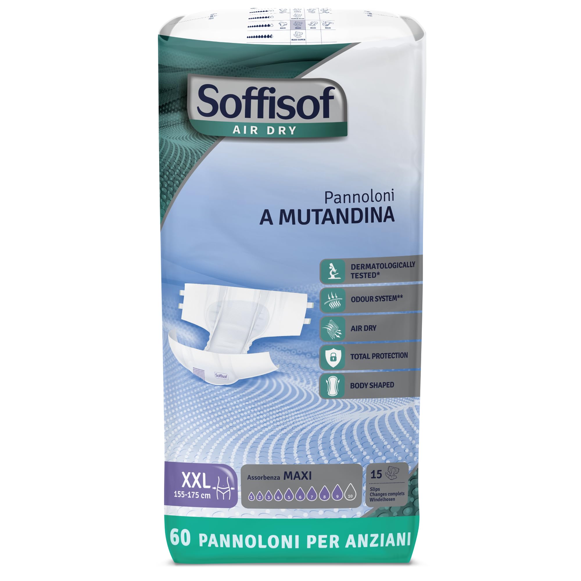 Soffisof Air Dry Pannoloni con Adesivi Maxi XXL - 60x Pannoloni per Anziani a Mutandina Notte Super Assorbenti - 4 Confezioni da 15 Pezzi, Assorbenza fino a 9 Gocce - Ausili Incontinenza Uomo e Donna