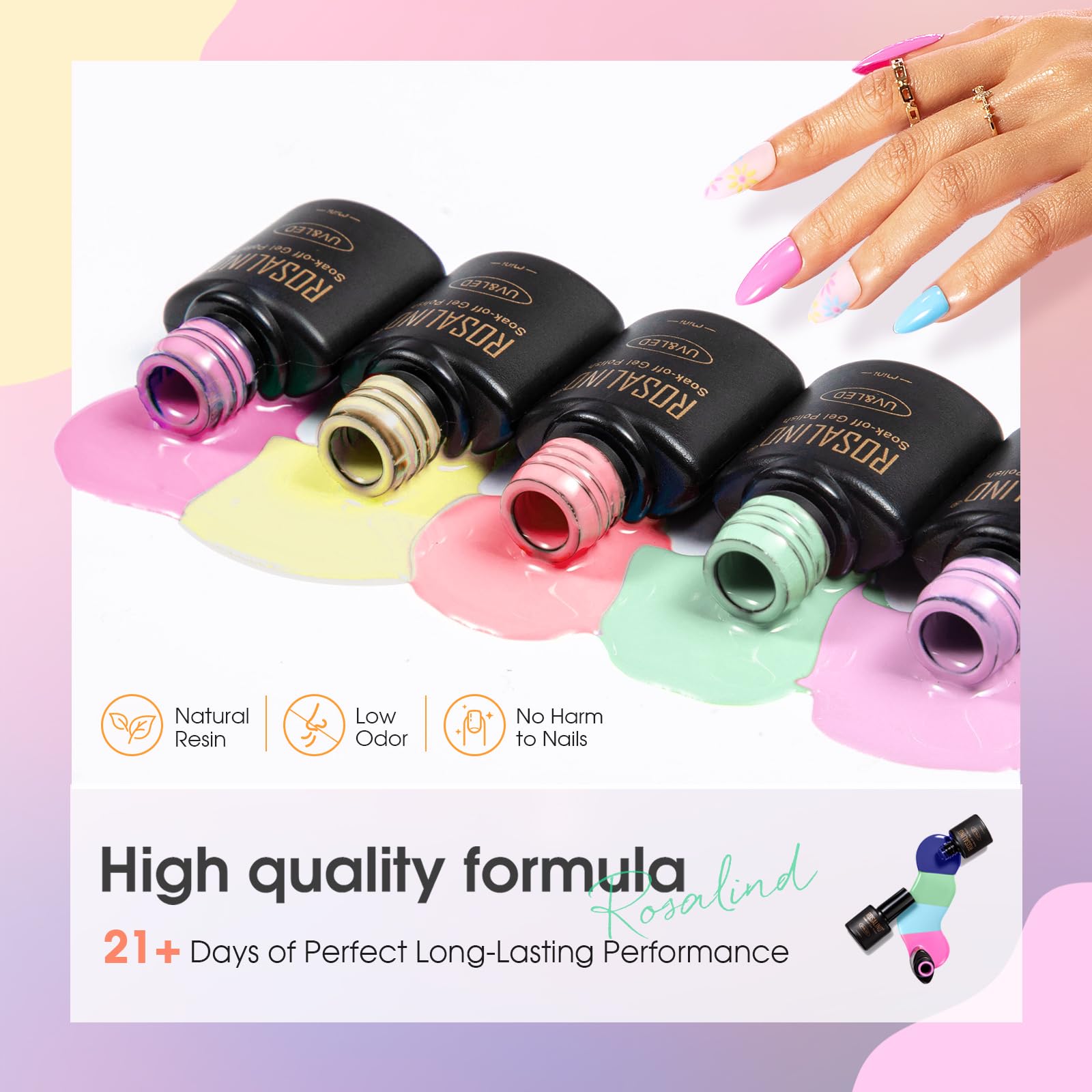 ROSALIND Kit Uñas Semipermanentes con Lámpara 48W, 65 Piezas Esmaltes Semipermanentes Rosa Amarillo Azul Verde Morado Colores Uñas Semipermanentes Kit Completo Regalos Principiantes