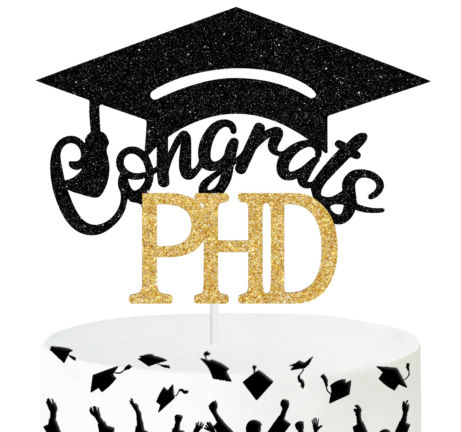 Congrats PHD Cake Topper, Happy Graduation Cake Decor, Class of 2026 PhD Degree Graduation Party Decorations Supplies, Gold and Black Glitter
