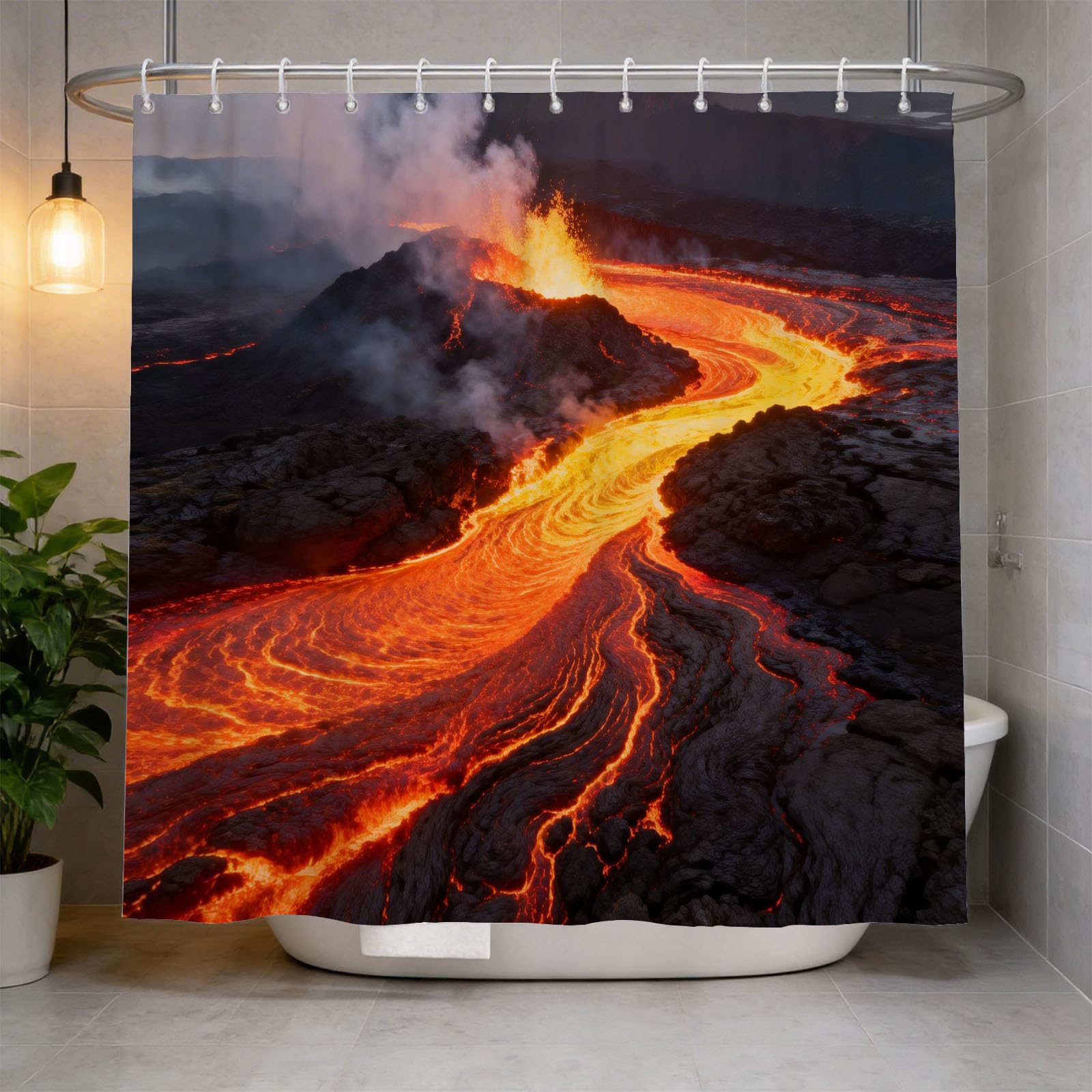 Hongduo 3D Hot Lava Shower Curtain for Stalls Bathtubs Nature Landscape Bathroom Decor Shower Curtain Set Polyester Fabric Waterproof 200x200cm/79X79 Inch with Hooks