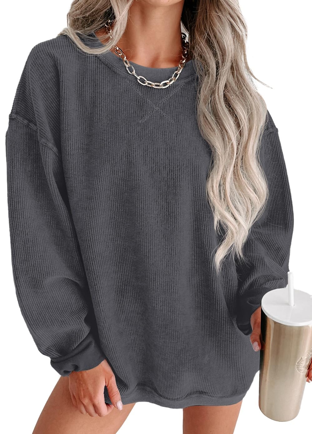 ONLYSTORY Womens Sweatshirts Oversized Cored Corduroy Pullover Tops