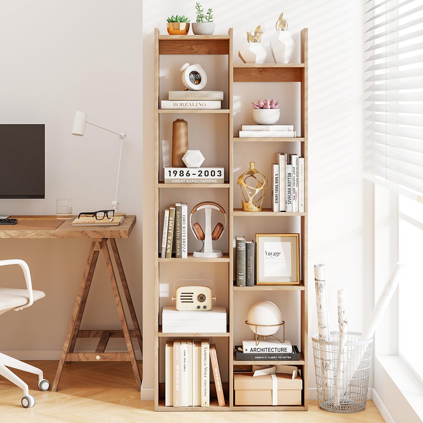 COSTWAY Scaffale in Legno per Libri, Libreria a 12 Ripiani con Kit Anti-Ribaltamento, Unità di Stoccaggio a Forma di Albero, Ideale per Casa Ufficio, 65 x 20 x 162 cm (Naturale)