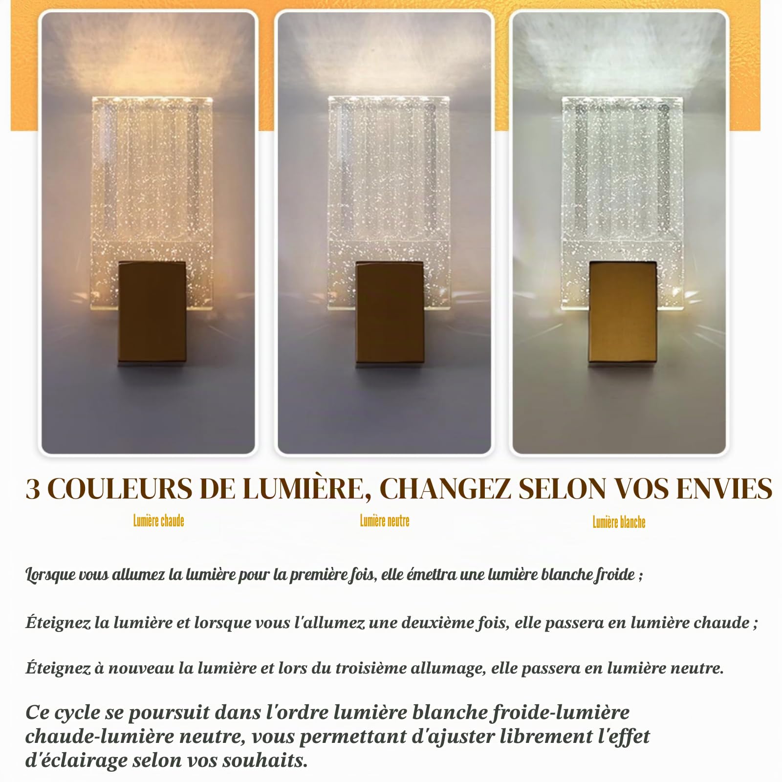 Lot de 2 Appliques Murales LED Cristal K9 Doré – Paire de Luminaires Muraux 5W avec 3 Couleurs – Éclairage Luxe Contemporain Idéal pour Chambre à Coucher, Salon, Salle à Manger et Couloir
