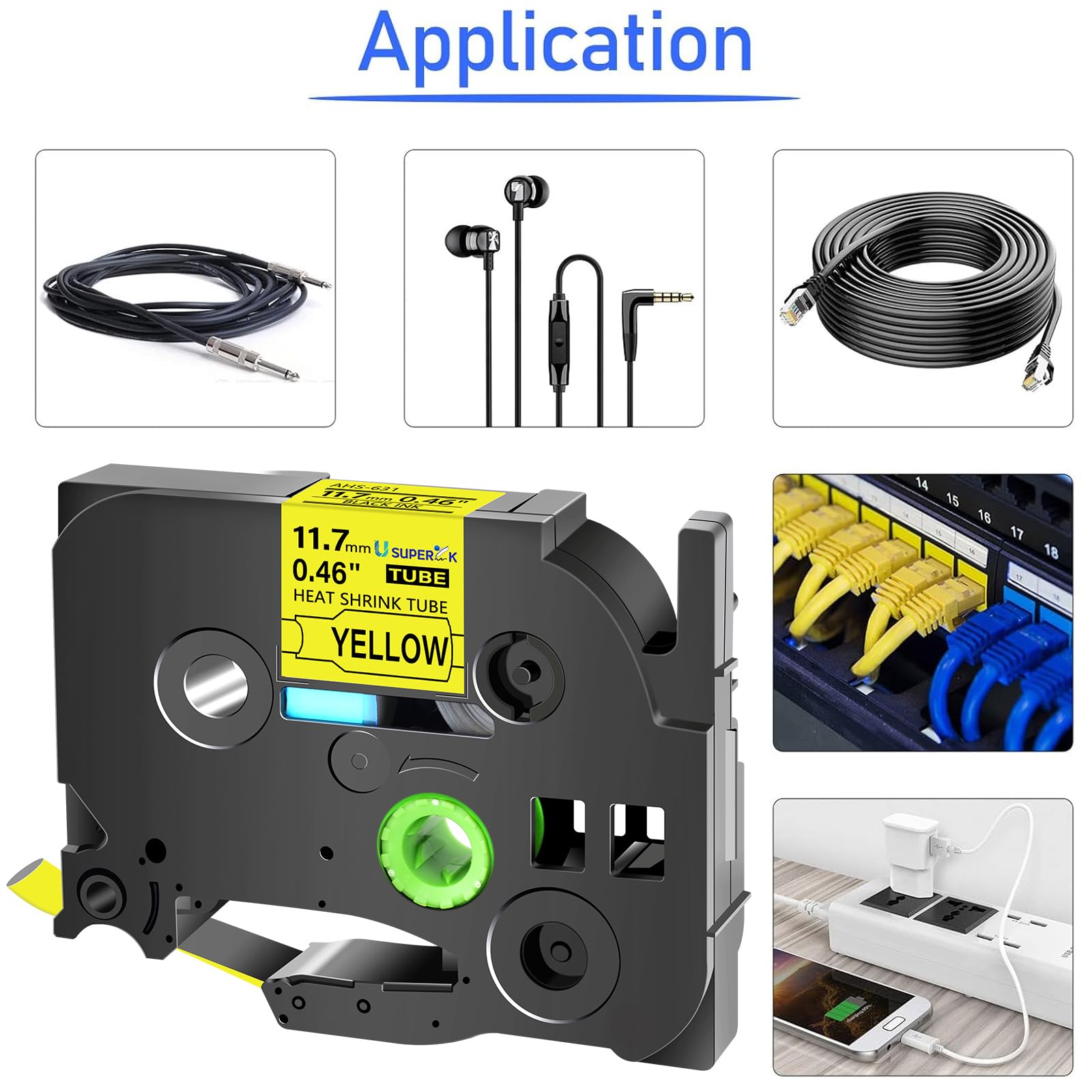 SuperInk - Nastro termorestringente per stampanti Brother HSe-631 HS-631 HS631 nero su giallo, per stampanti PT-D210 D200 D400 D450 D600 H300 P700 P900 (0,46''x 1,6''x 1,6'') 5 m. ,7 mm x 1,5 m.
