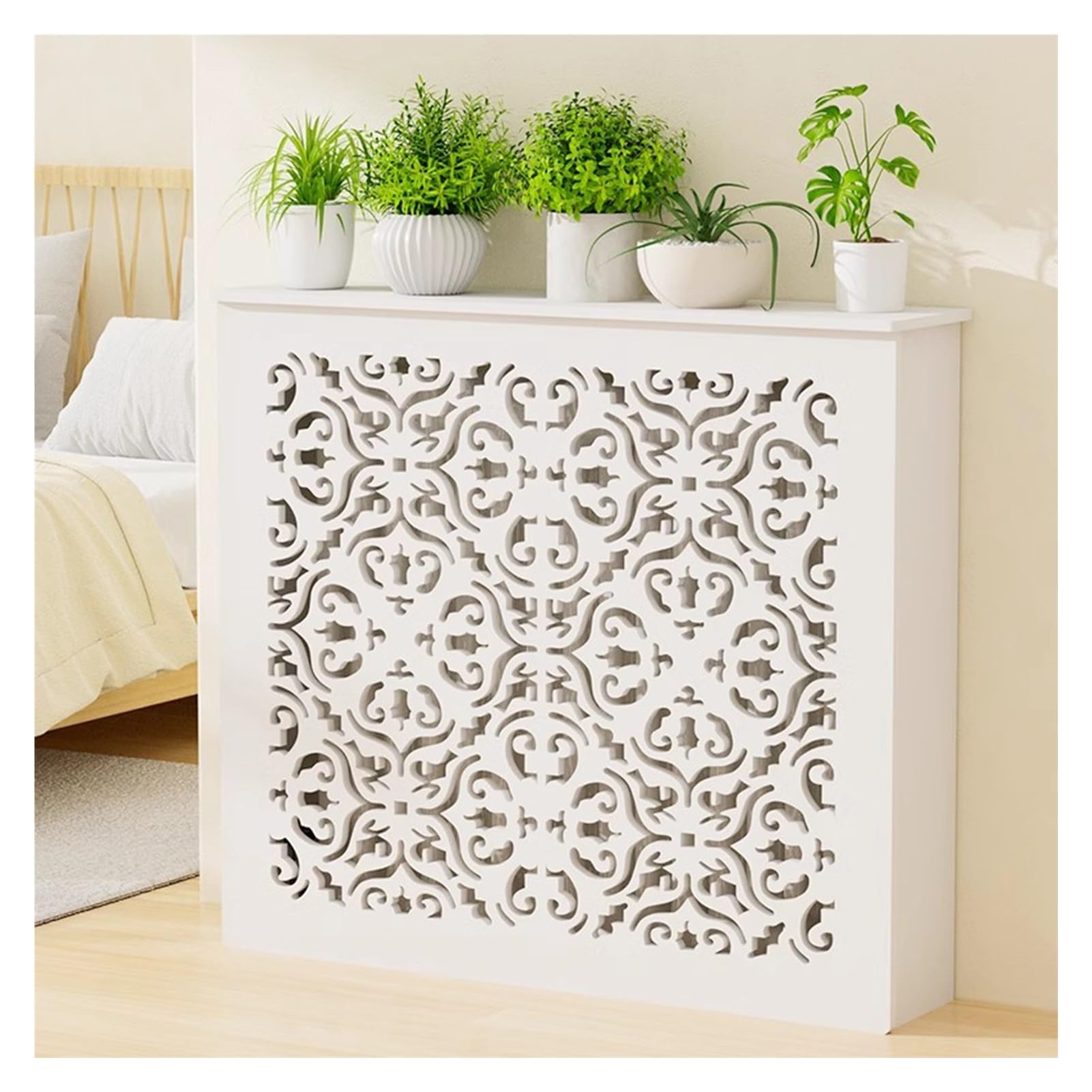 Cubierta de radiador moderna de madera MDF con listones y estante superior