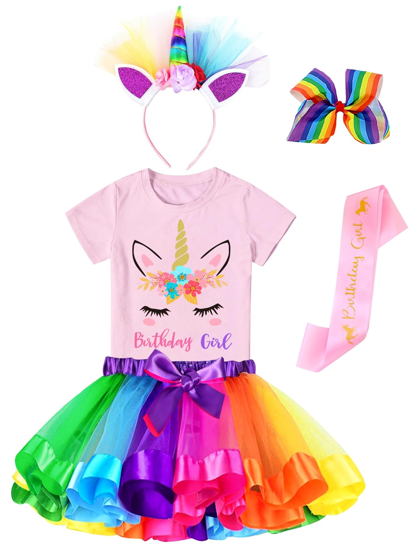 Doctor Unicorn Birthday Girls Unicorn Costume Outfit Rainbow Tutu, Unicorn T-shirt, Satin Sash, Hair Bow & Headband