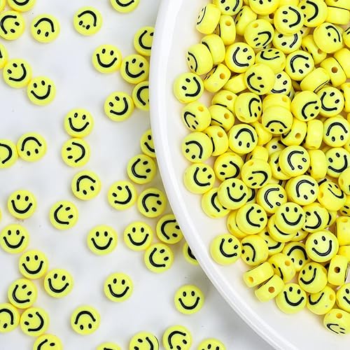 300 cuentas acrílicas de cara sonriente amarilla, cuentas espaciadoras de cara feliz de acrílico de 0.276 in para manualidades, joyas, pulseras