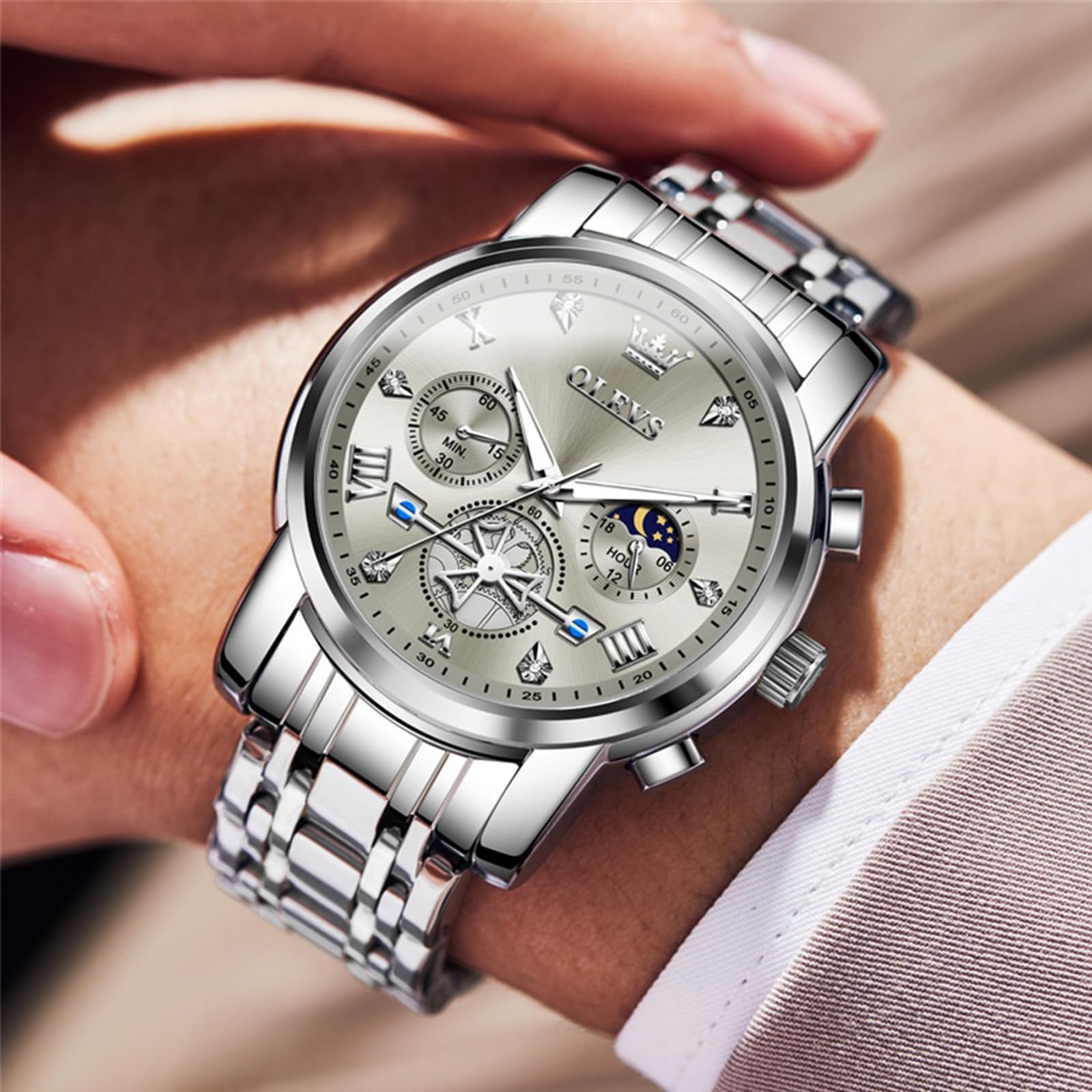 OLEVS Herren-Armbanduhr mit Zeitcode, Edelstahlarmband, Leuchtend, wasserdicht, multifunktional, Unterzifferblatt, Business-Kleid, Quarz, rund, Luxusuhren für Herren