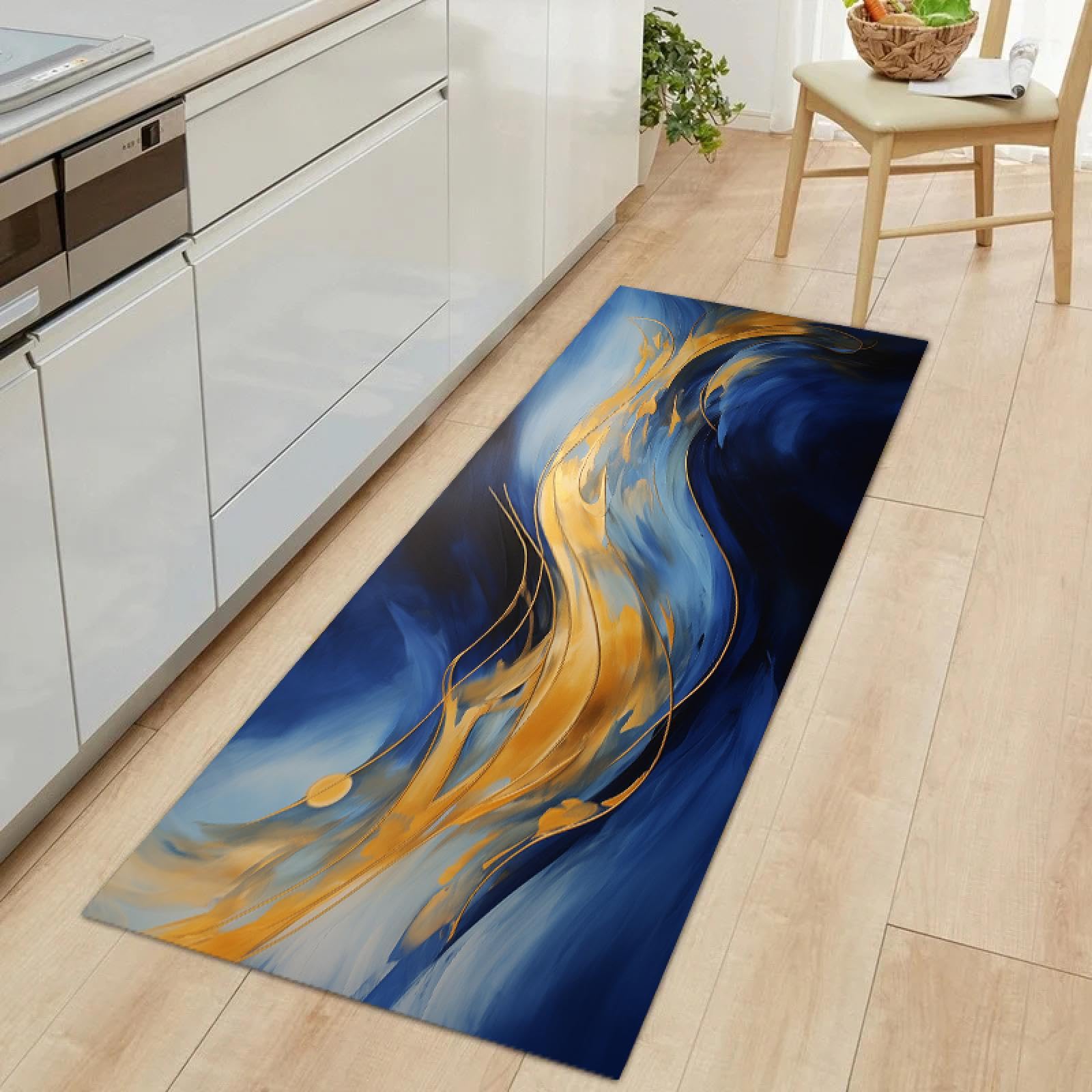 Tapis Nordique Marbre Bleu Or au Design Abstrait Moderne et Antidérapant