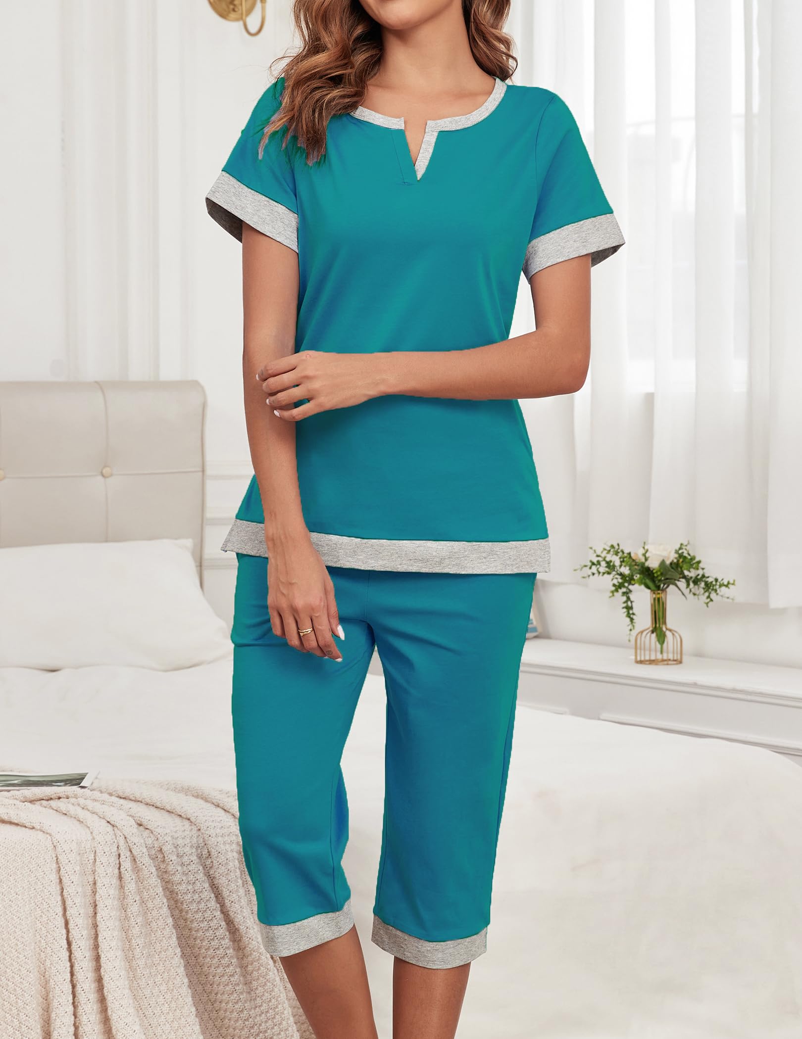 Viakeo Conjunto de pijama de algodón para mujer, parte superior suave y capris para verano, cómodo conjunto de pijama