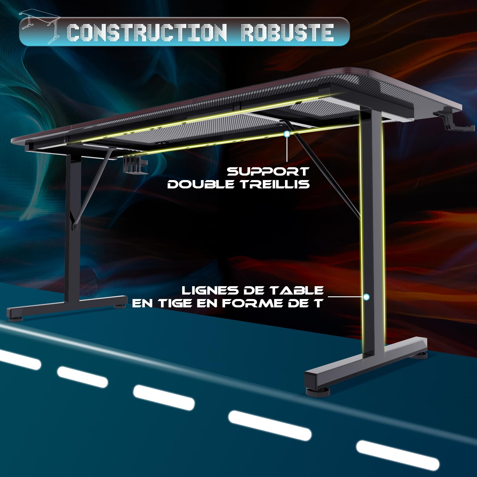 Devoko Bureau Gaming 180 x 60cm, Grande Surface de Table Gaming Ergonomique,Stable Bureau Gamer en Forme de T avec Rangement pour Câbles, Crochet pour Casque, Porte-Gobelet et Tapis de Souris