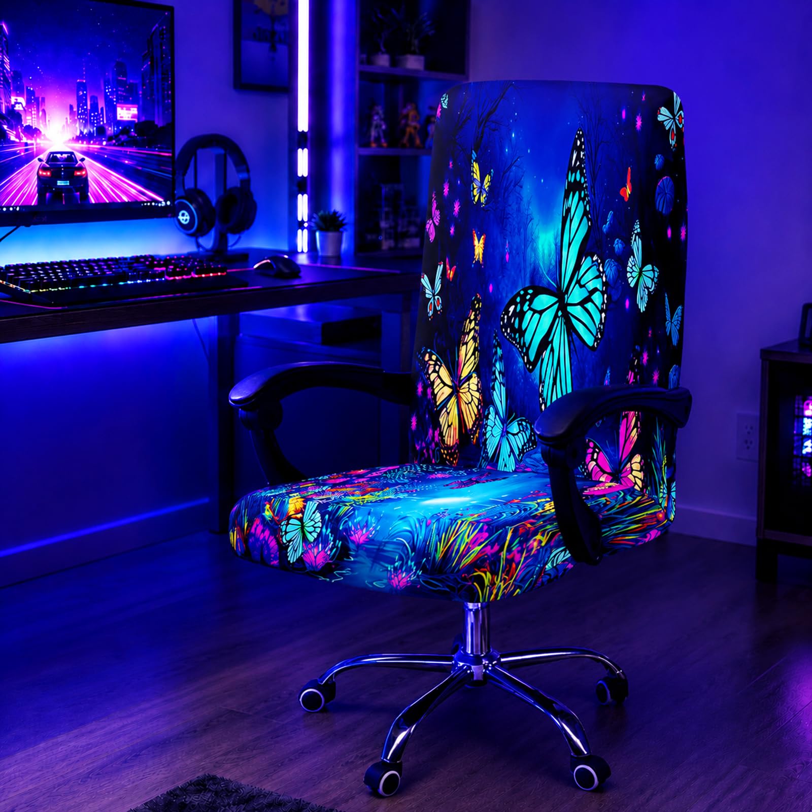 Blacklight Butterfly Office Chair Cover, UV Reactive Stretch Slipcover