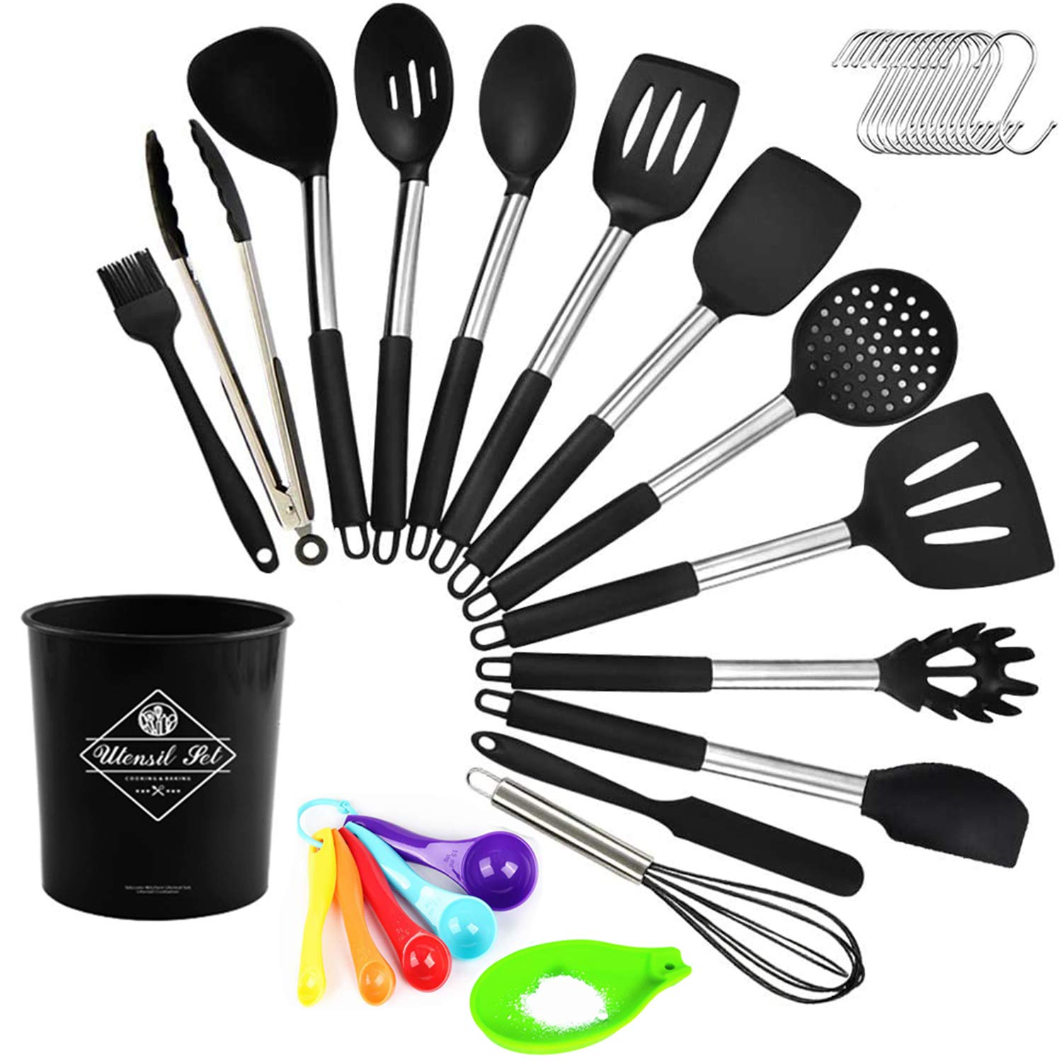 Silicone Cooking Utensil Set, Digcreat Kitchen Tools 33 Pcs Set, Non-Stick Heat Resistant Kitchenware, Cookware with Stainless Steel Handle - Black