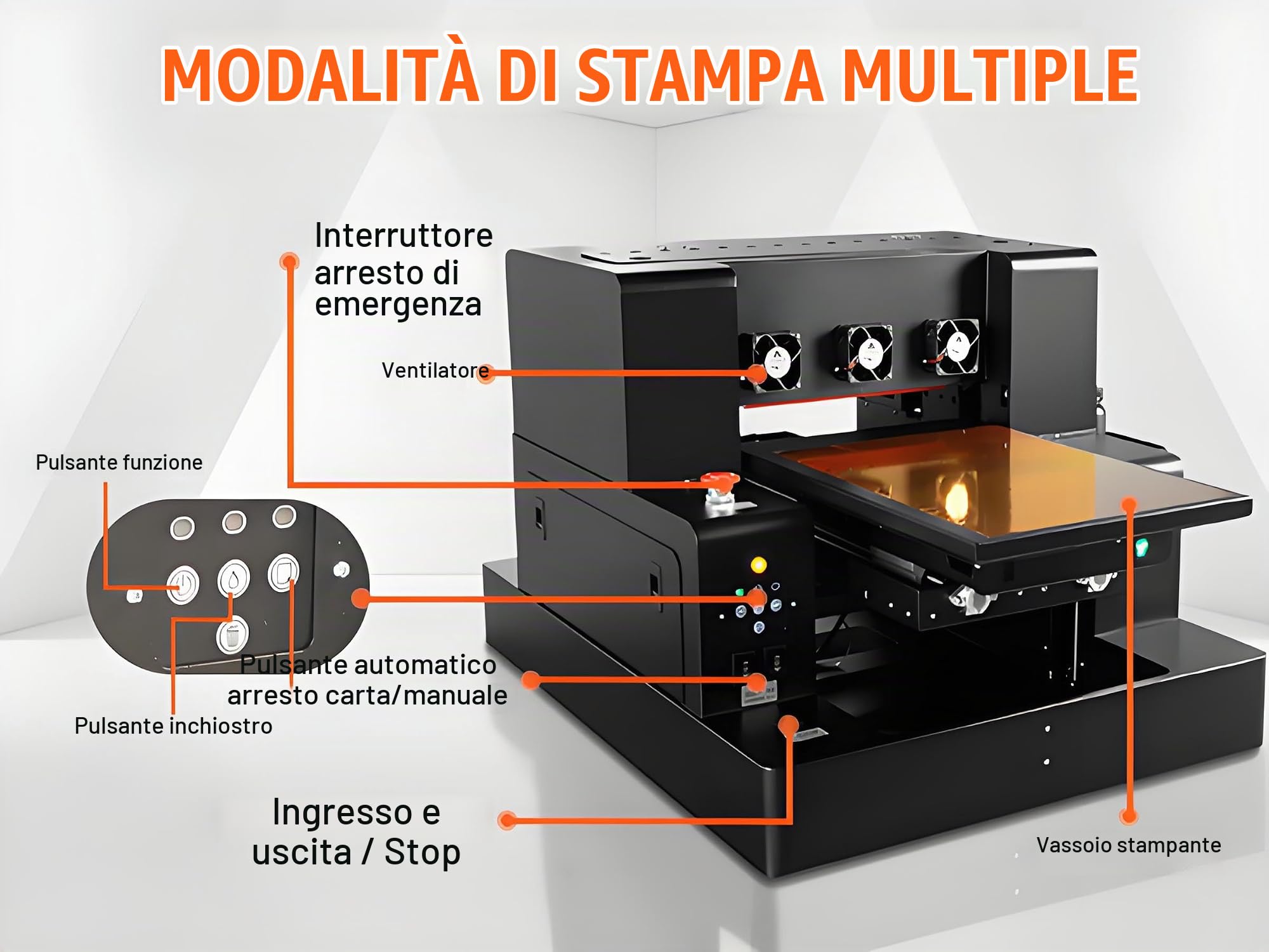 Stampante UV Flatbed Multifunzione A3 Automatica Modello L805 Risoluzione 1440x1440dpi Area Stampa 32x50cm con Albero Rotante per Stampa Cover Telefono Bottiglie e Oggetti Vari