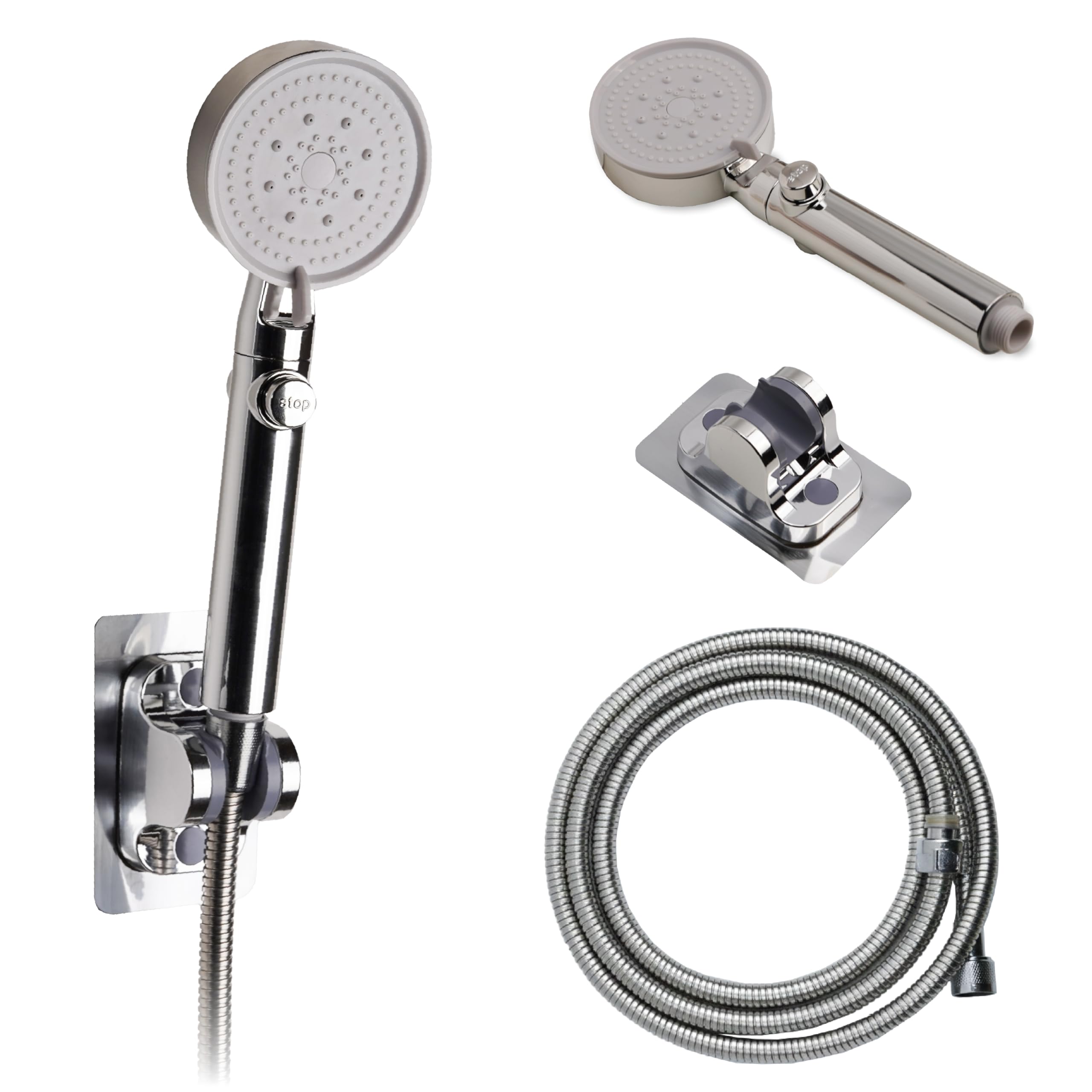 Soffione Doccia Anticalcare con Tubo 1,5m e Supporto Adesivo Senza Forare – Kit Completo con Attacco Universale, Getto Potente, Installazione Senza Trapano