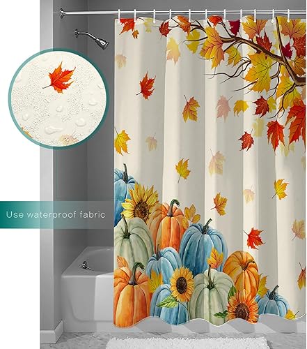 Miniatura 3 de Cortina de ducha de otoño de Acción de Gracias, decoración de baño, azul, naranja, verde, calabaza, hojas de arce, cortinas de ducha impermeables de