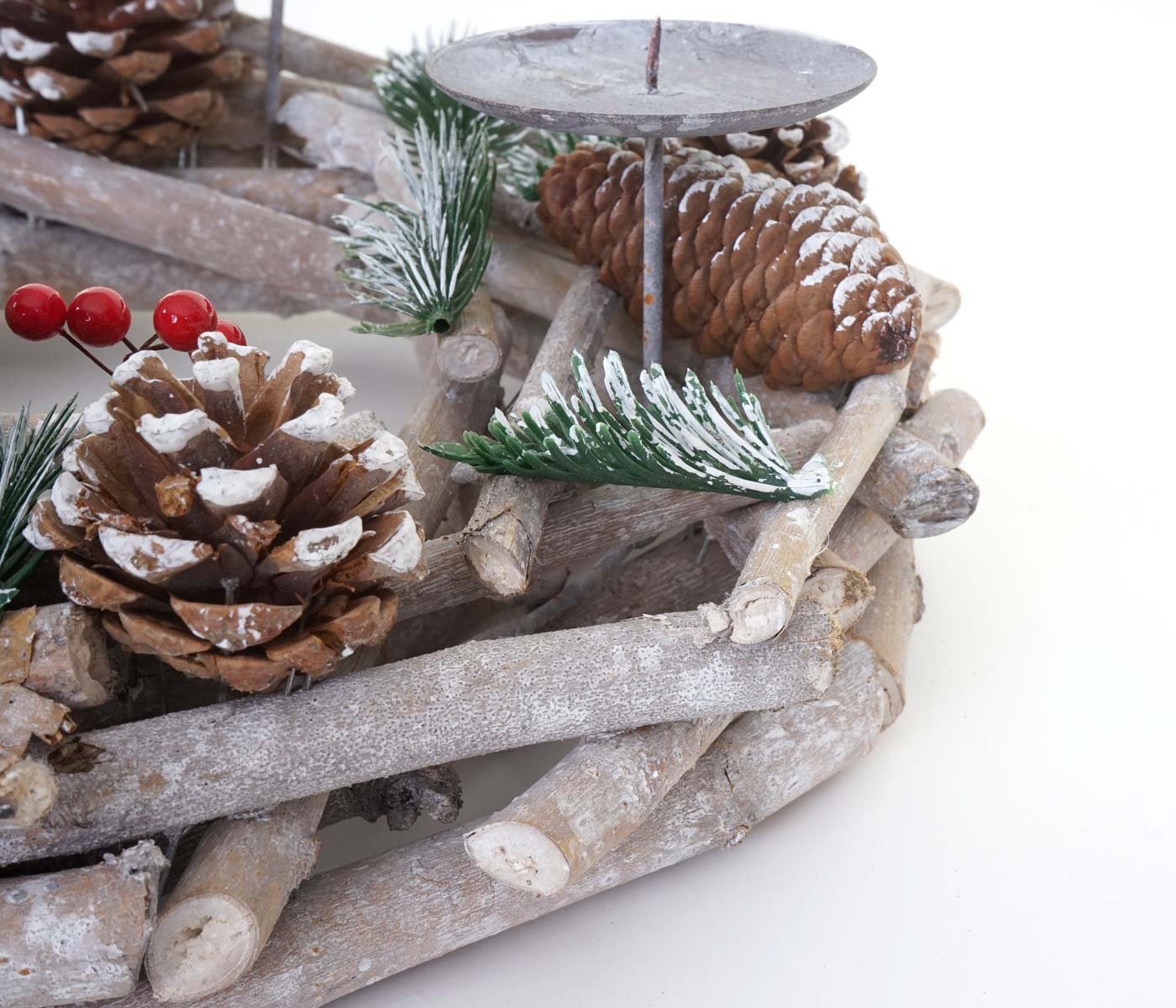 Couronne de l'avent, Bois, Rond Ø 35cm, Blanc-Gris - Bougies Blanches