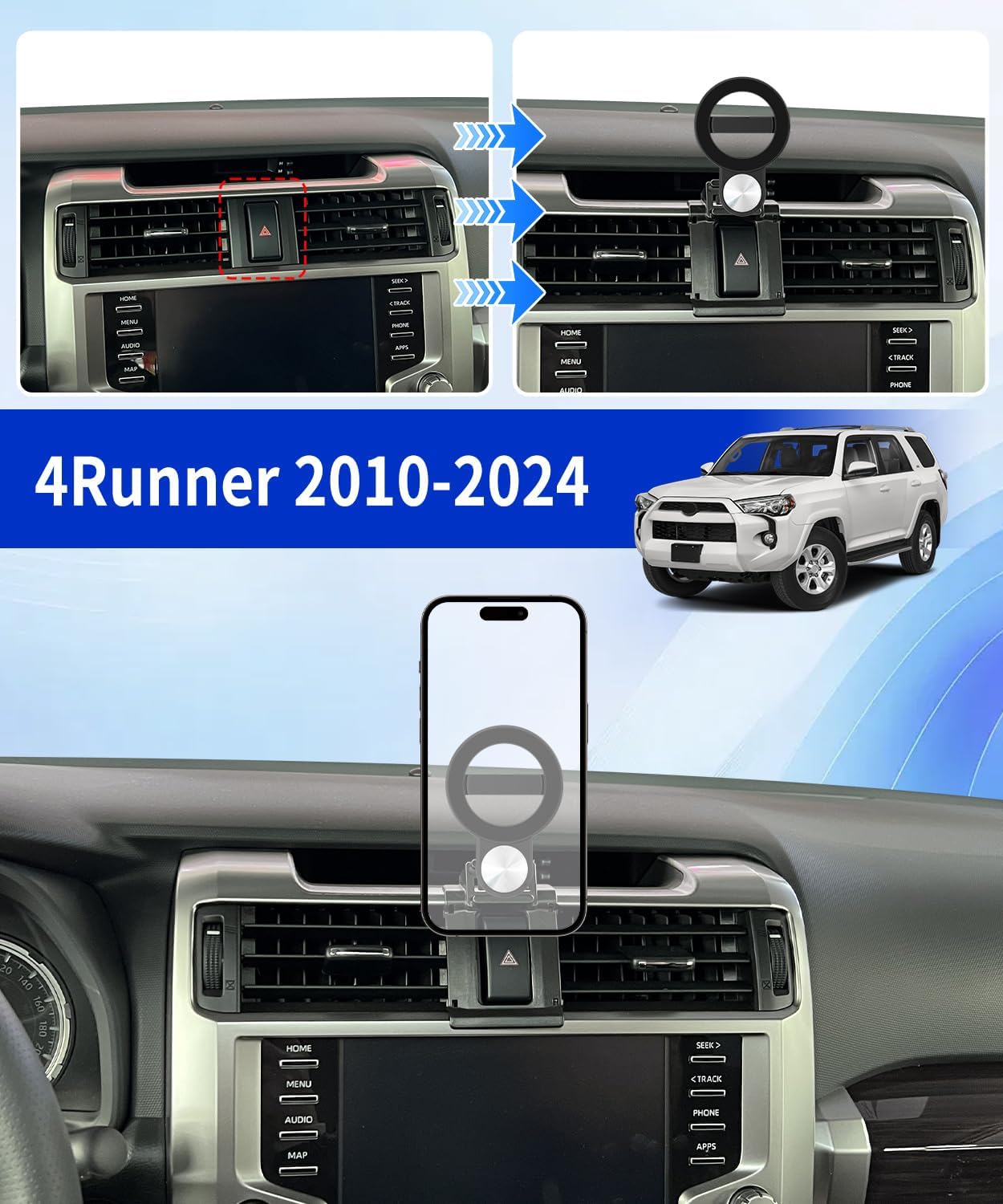 Car Phone Holder for Toyota 4Runner 2010-2024 Auto Accessories, Cell Phone Mount Compatible with MagSafe, 360° Rotation, Hands Free Not Affect Air Vent