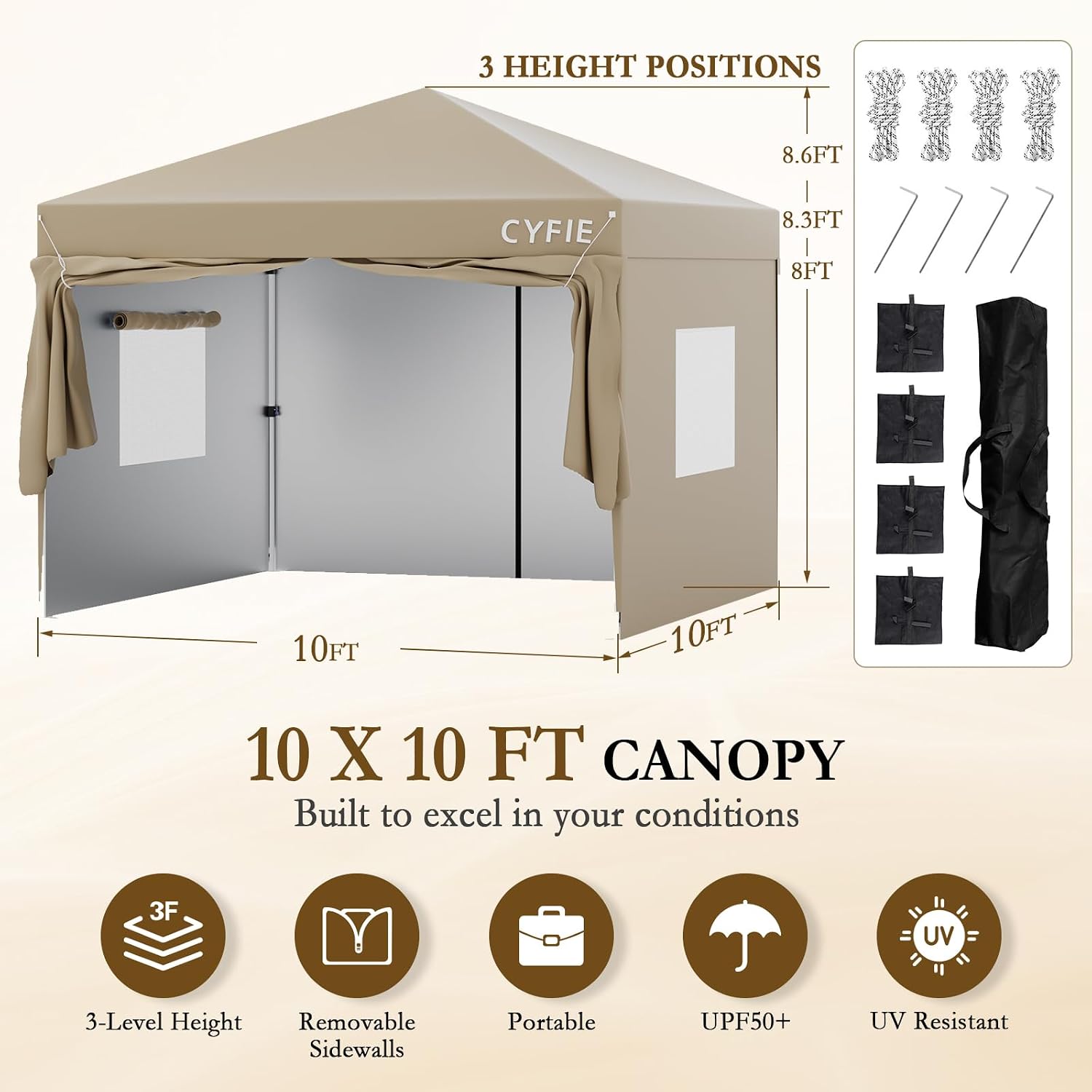 CYFIE 10'x10' Pop Up Canopy Tent with 4 Removable Sidewalls, Portable Instant Commercial Outdoor Canopy Gazebo with Stakes, Ropes, Sandbags for Outdoor Events, Beach, Camping, Vendor Events, Khaki