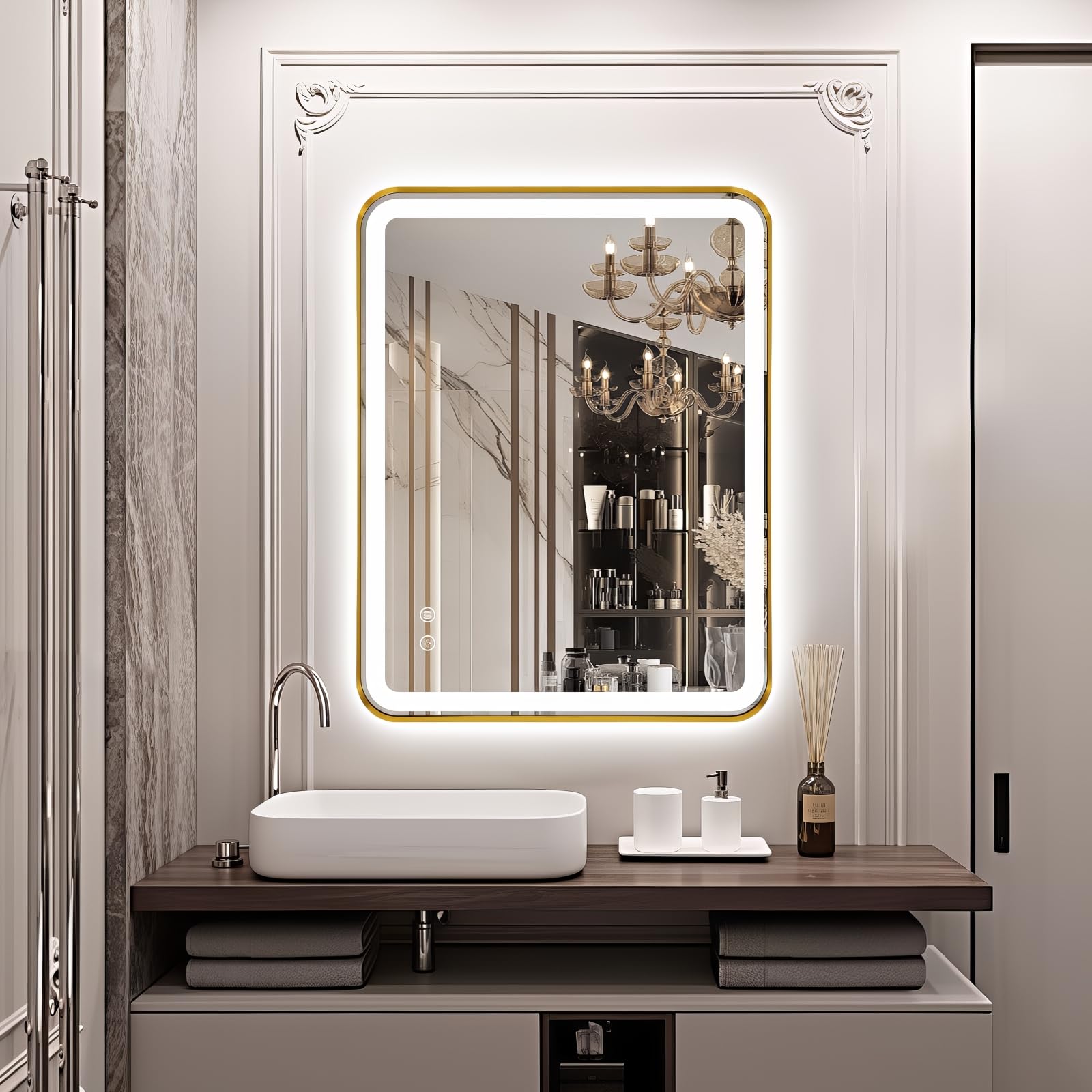 TheiaMo Rectangle LED Bathroom Mirror, 36"x28" Anti-Fog Double Touch Lighted Wall Vanity Mirror 45° Beveled Metal Frame Stepless Adjustable Color