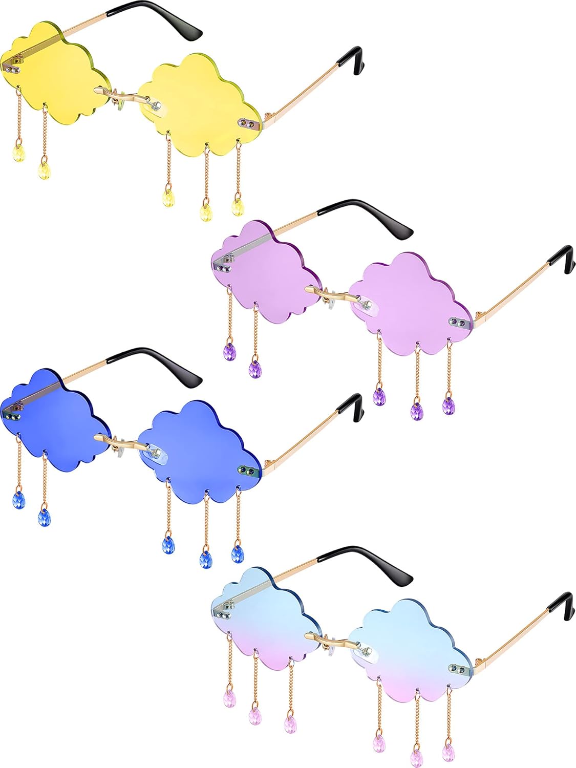 Weewooday 4 Pairs Cloud Sunglasses Raindrop Rimless Cute Sunglasses Funny Heart Flame Shaped Disco Glasses for Women Men