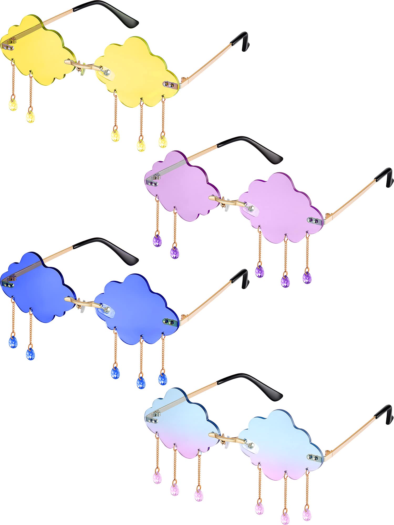 4 Pairs Cloud Sunglasses Raindrop Rimless Cute Sunglasses Funny Heart Flame Shaped Disco Glasses for Women Men