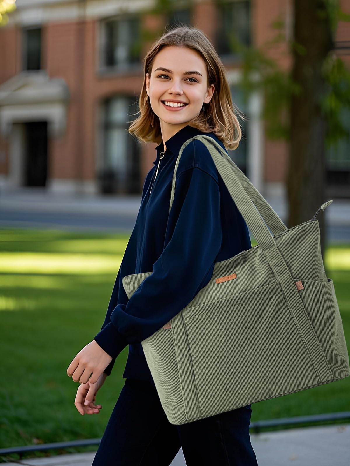 Cord Tasche Damen, Groß Tote Bag Strandtasche mit Reißverschluss, Shopper Tasche Damen Laptoptasche mit 17 Zoll Laptopfach, Elegant Handtasche Umhängetasche für Arbeit Schule Gym-Grün