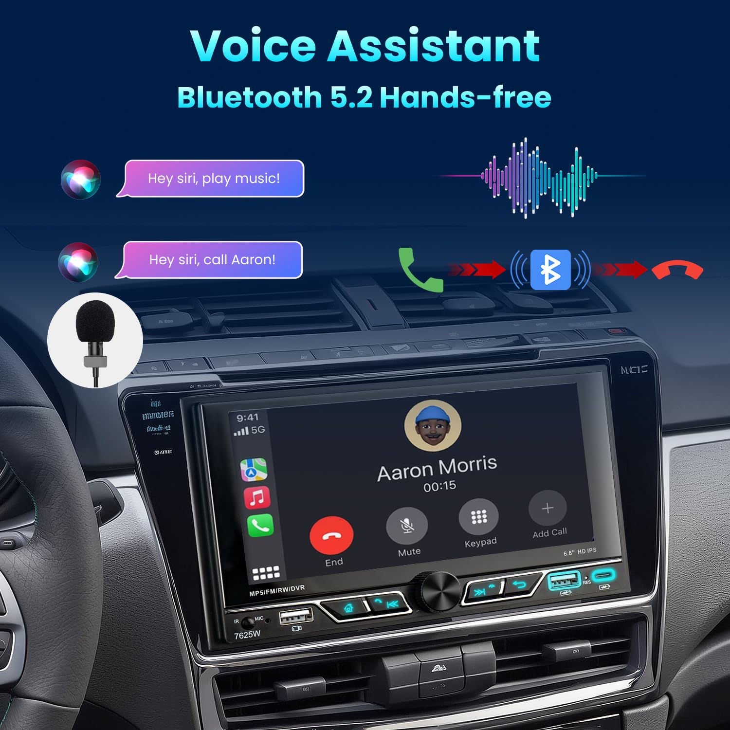 Autoradio 2 DIN con schermo da 6,8", compatibile con Wireless Apple CarPlay/Android Auto Bluetooth Type-C USB 2.1A ricarica rapida telecamera posteriore AM/FM/RDS radio DSP