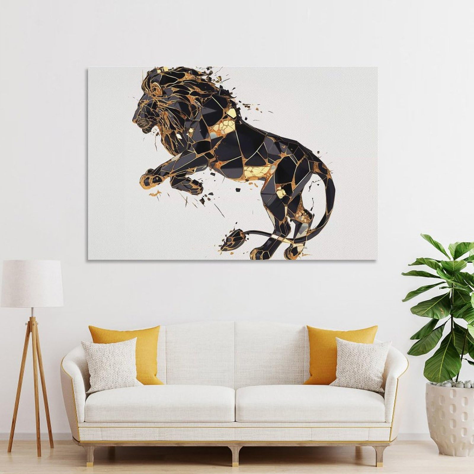 Junmoney Canvas Art Print Geometric Black And Gold Lion, 24x36inch(60x90cm), for Home Office, Desk Area Or Studio, Wall Art That Adds Style to Work Areas