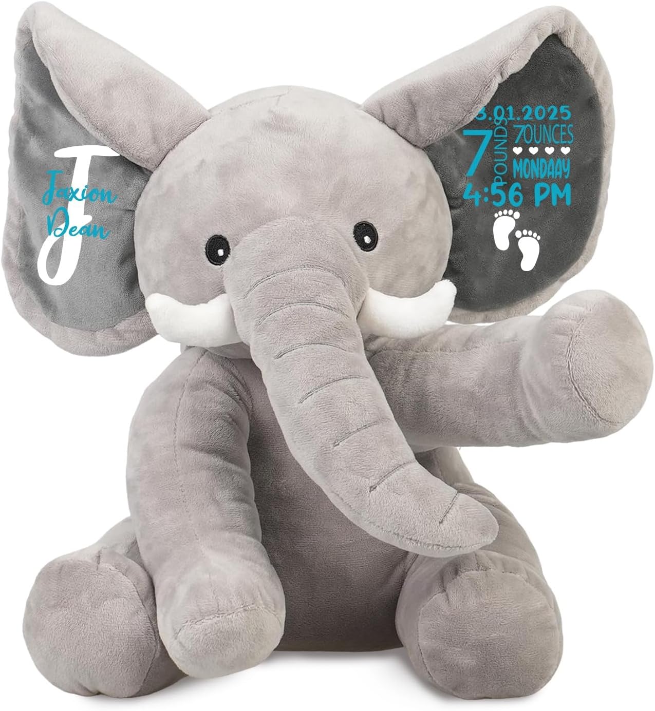 Custom Baby Birth Stats Elephant Stuffed Animal - Personalized Birth Announcement Plush Elephants for New Baby Newborn Boy Girl, Customized Keepsake Baby Shower Gifts, Gray 15 Inches