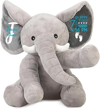Custom Baby Birth Stats Elephant Stuffed Animal - Personalized Birth Announcement Plush Elephants for New Baby Newborn Boy Girl, Customized Keepsake Baby Shower Gifts, Gray 15 Inches