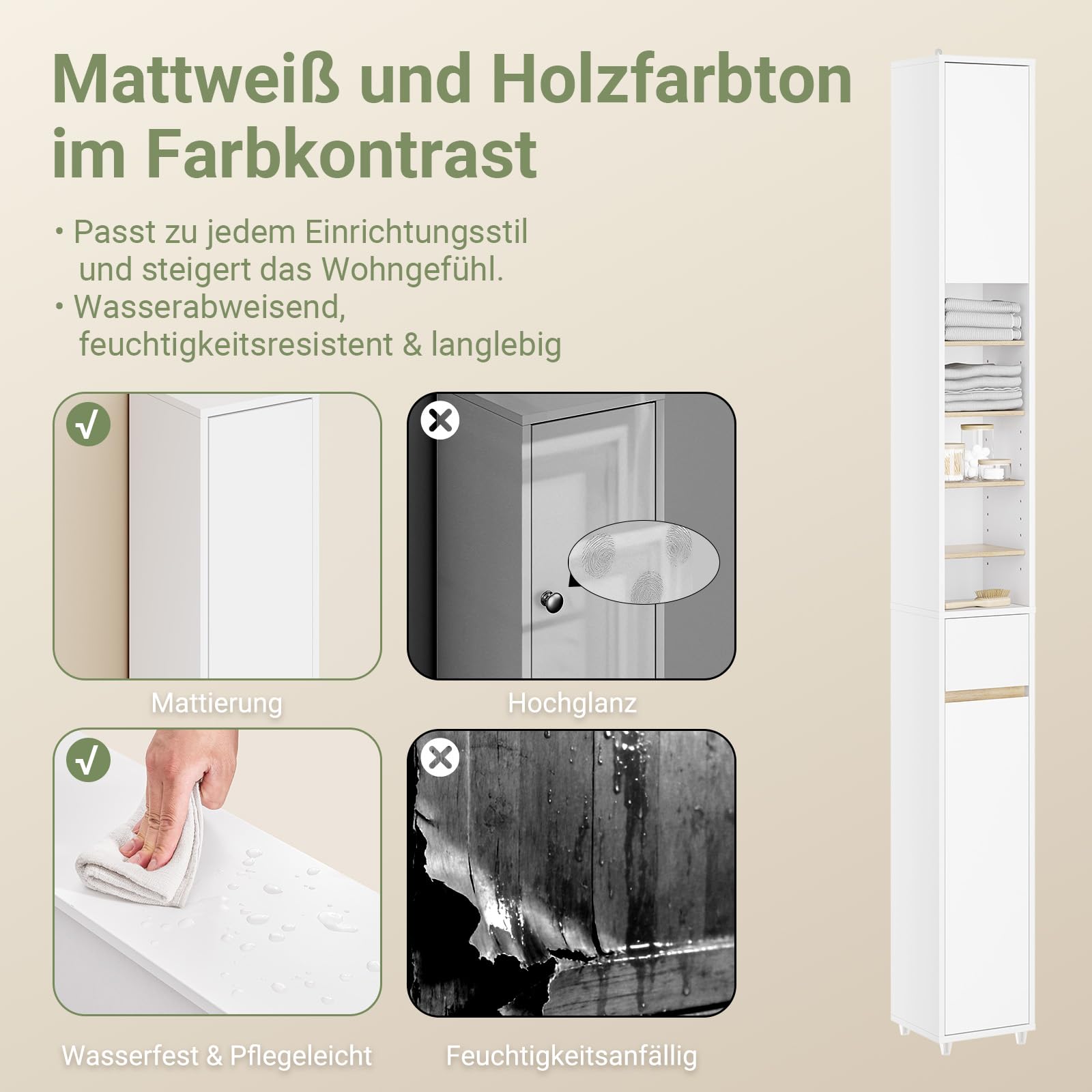 SoBuy Badezimmerschrank Hochschrank Schmal 20x20x180cm Für Kleine Bäder | Platzsparender Badschrank Mit Verstellbaren Einlegeböden Für Waschbecken, WC, Waschmaschine BZR34-WN