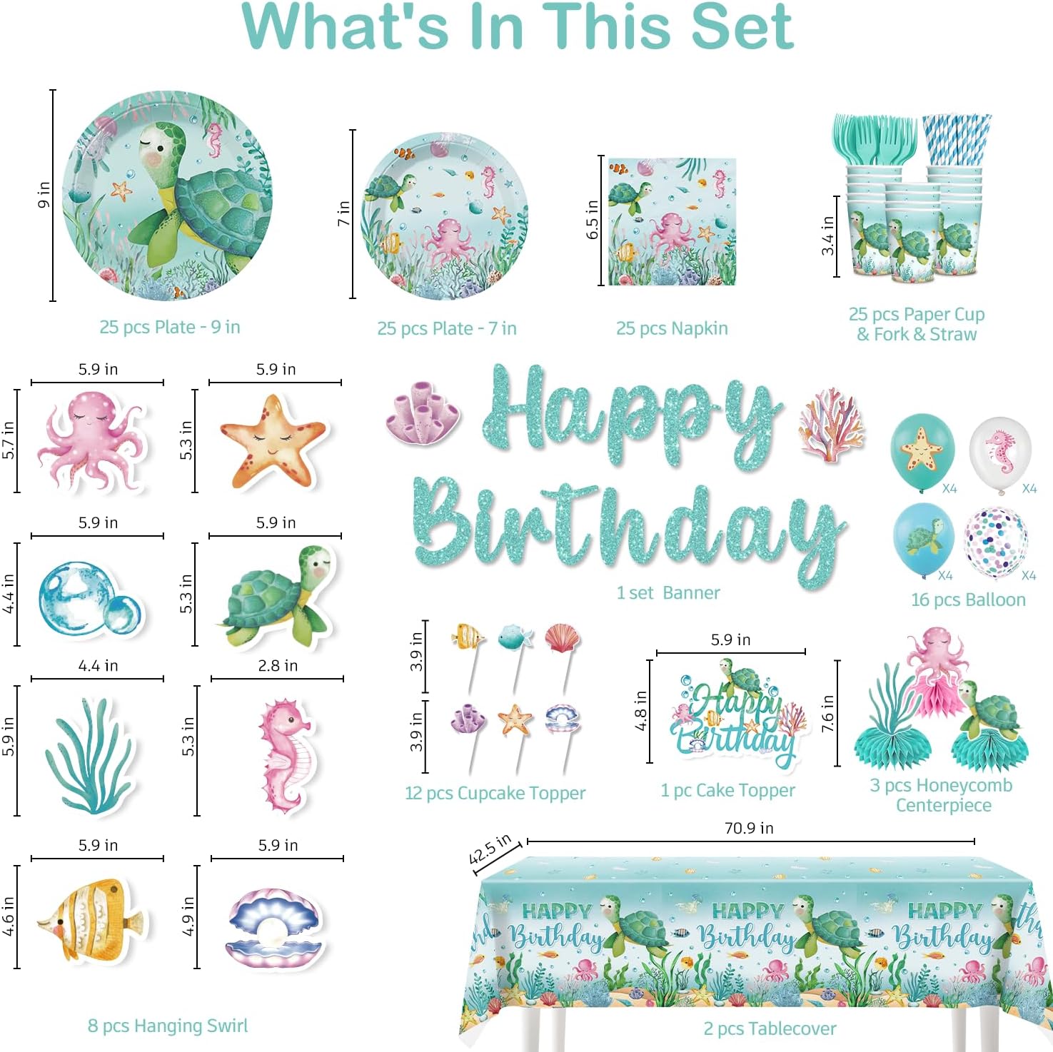 cocomigo 201 Pieces Ocean Party Decorations, All-in-One Sea Turtle Birthday Party Pack, Includes Banner, Plates, Tablecloth, Cake Toppers, Balloons, Under the Sea Decorations for 25 Guests image 2 of 7 B0DWDQP46M