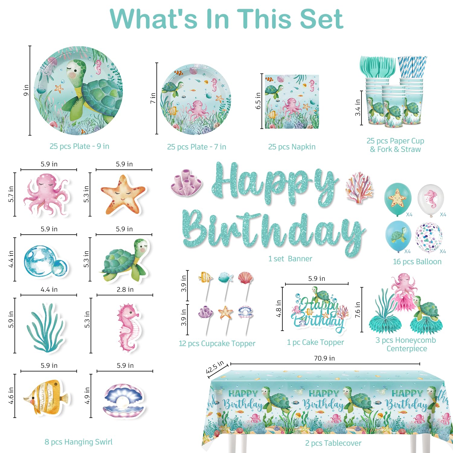cocomigo 201 Pieces Ocean Party Decorations, All-in-One Sea Turtle Birthday Party Pack, Includes Banner, Plates, Tablecloth, Cake Toppers, Balloons, Under the Sea Decorations for 25 Guests