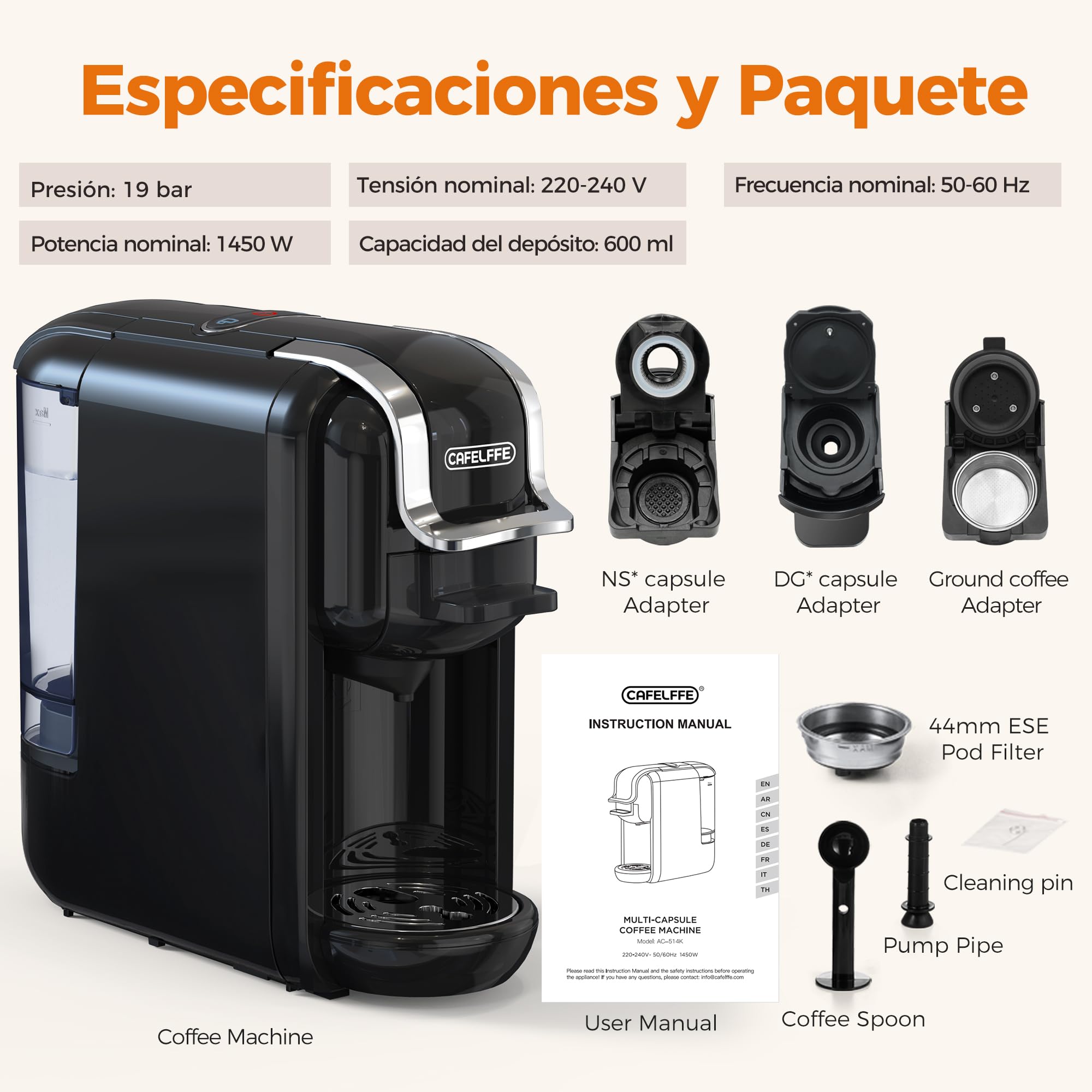 CAFELFFE MK-603 - Cafetera de cápsulas, máquina de café de espresso caliente / frío 4 en 1, compatible con cápsulas ESE, cápsulas Nes Original/DG y café molido, infusión rápida