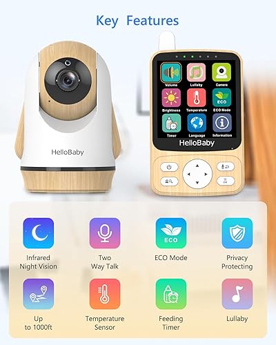 Miniatura 2 de HelloBaby Monitor de bebé de video IPS de 4 pulgadas con cámara, sin WiFi, batería de 26 horas, visión nocturna, audio de 2 vías, PTZ remoto y