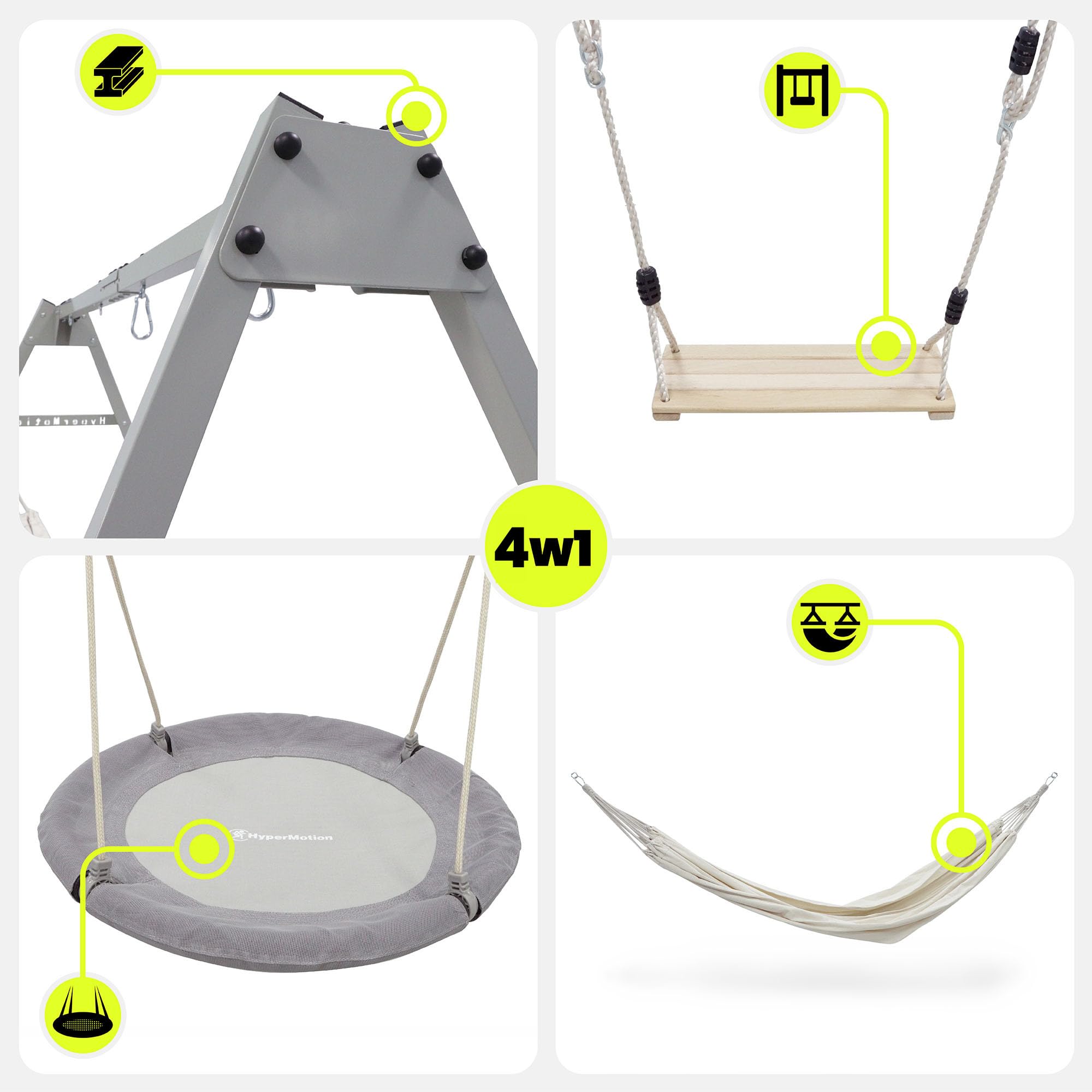 HyperMotion 4-in-1 Gartenschaukel Set aus Legiertem Stahl und Polyester, Pulverbeschichtet in Grau, mit Hängematte, Schaukelsitz und Vogelnest, 310 × 180 × 192 cm