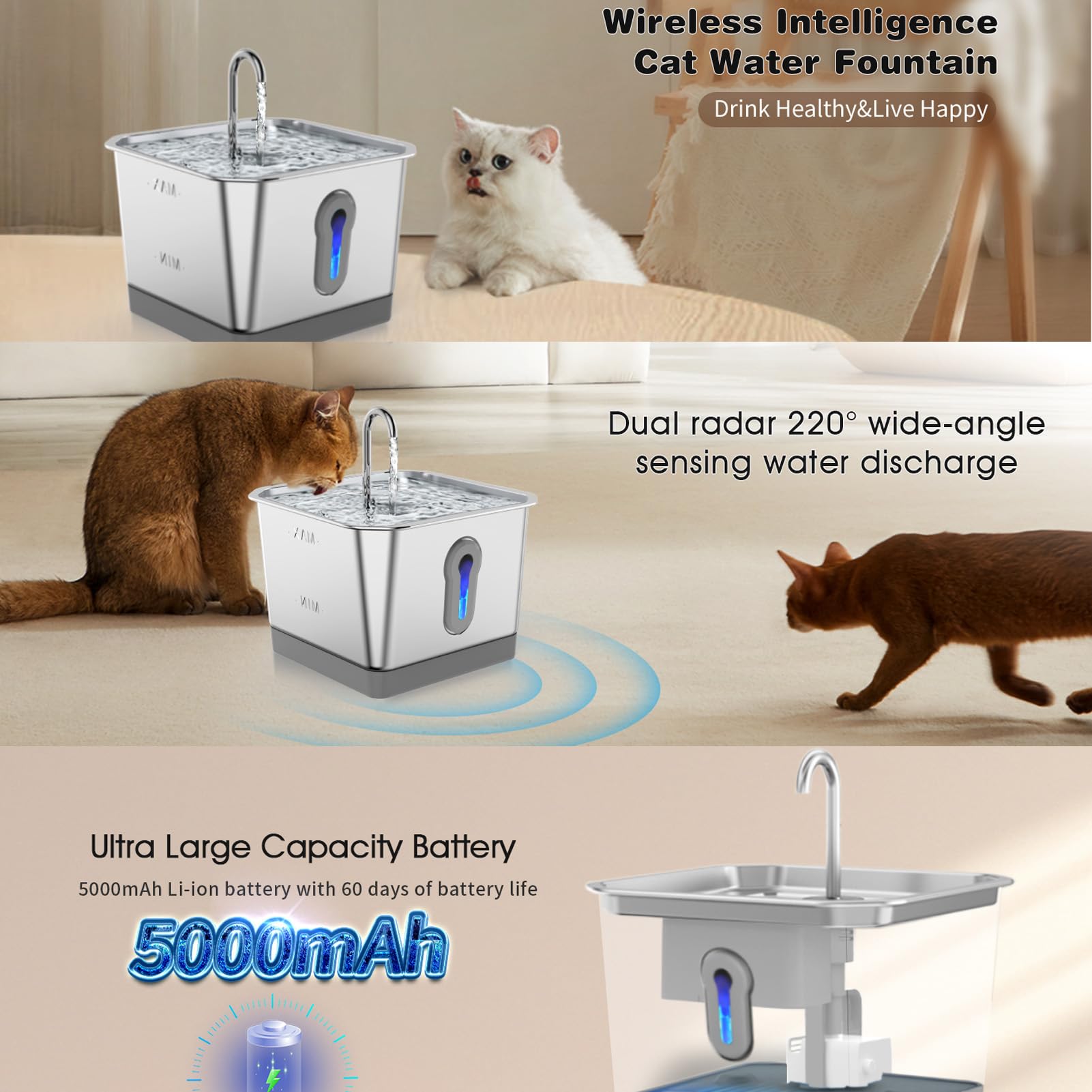 Fuente de Agua de Mascotas de Acero Inoxidable Automático 3.5L Tazón Filtrado de Gran Capacidad para Amantes de los Gatos y Perros