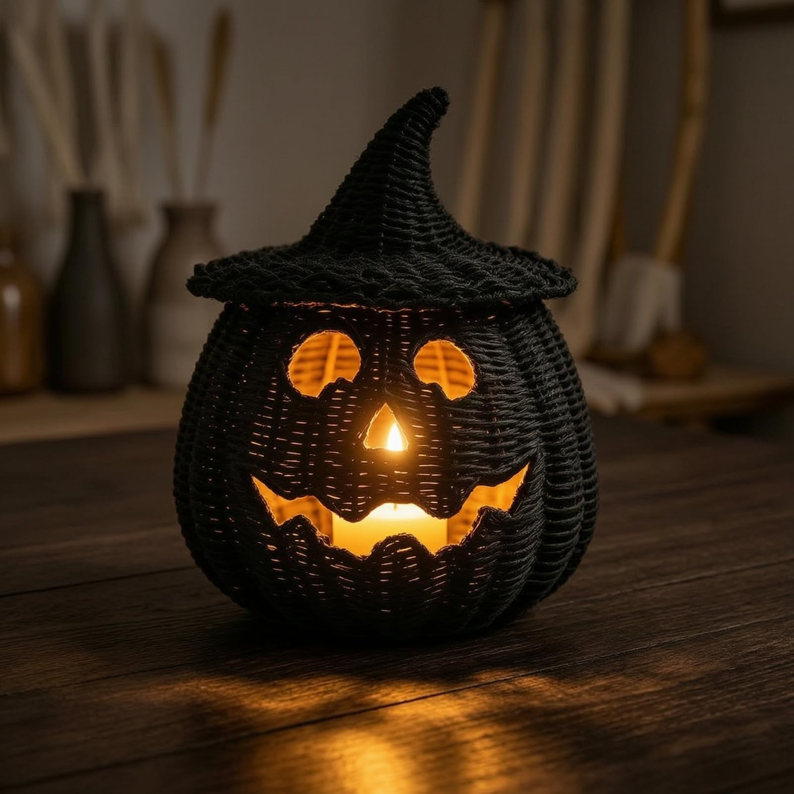 Daceiu Handwoven Pumpkin Basket with Witch Hat Lid, LED Wicker Decor
