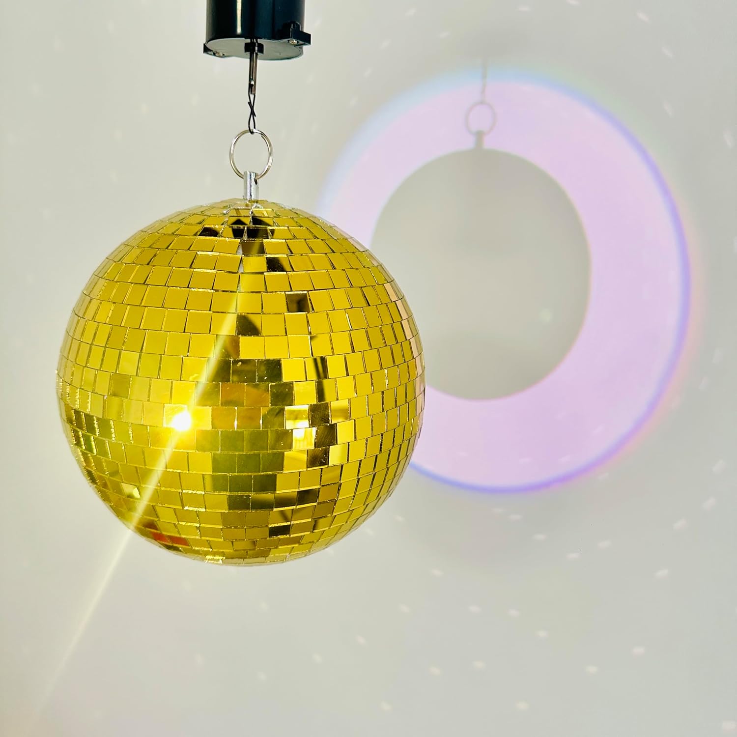 8" Disco Ball Kit with DC Battery Motor & Hanging Ring – Rotating Gold Real Glass Mirror Disco Ball for Home Party, DJ Stage, Bar, Wedding, Holiday, Dance Floor Lighting Decor