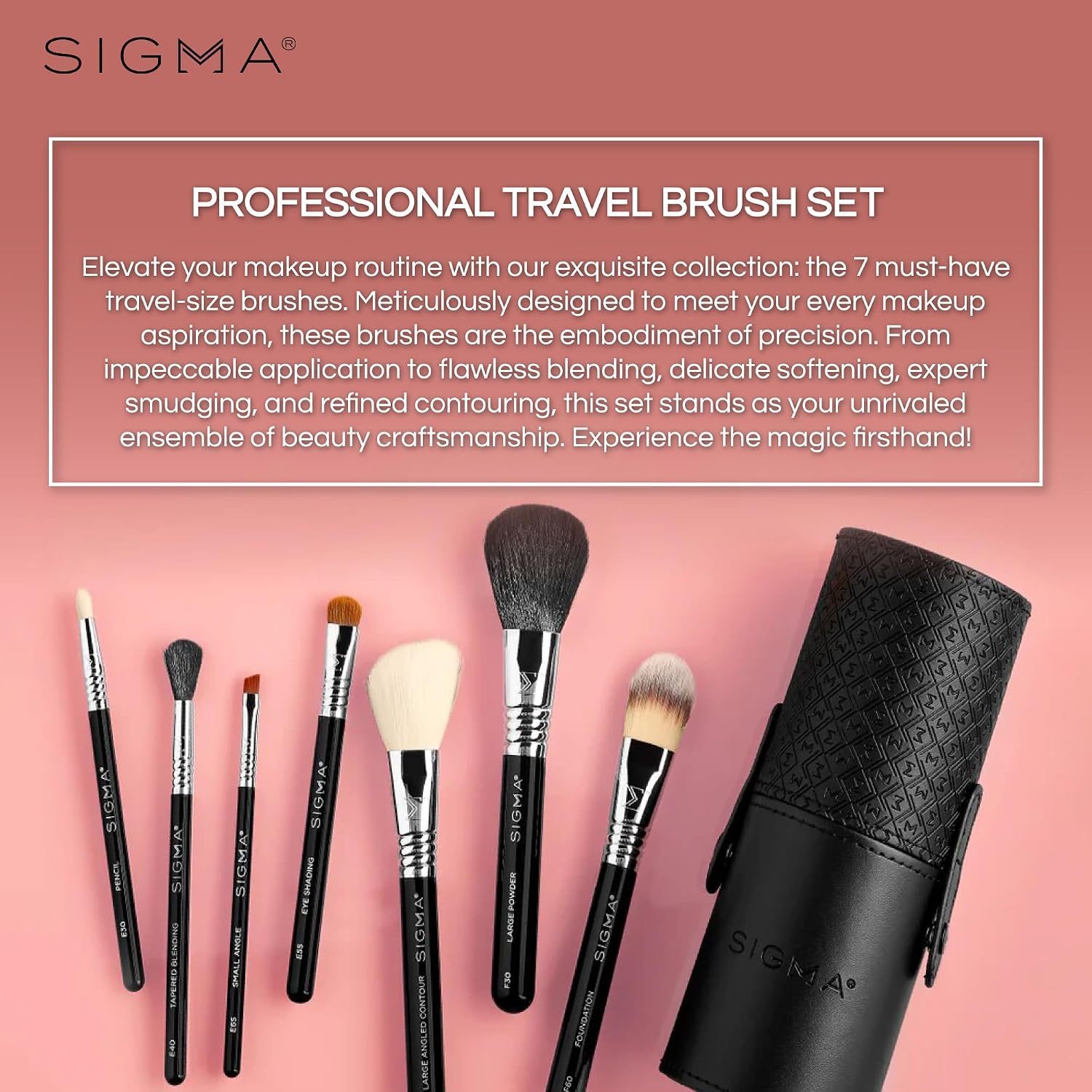 Sigma Beauty Reise-Make-up-Pinselset – 7-teiliges Set mit Premium-Fasern, eleganten langlebigen Griffen und Aufbewahrungsbecher für Gesicht & Augen