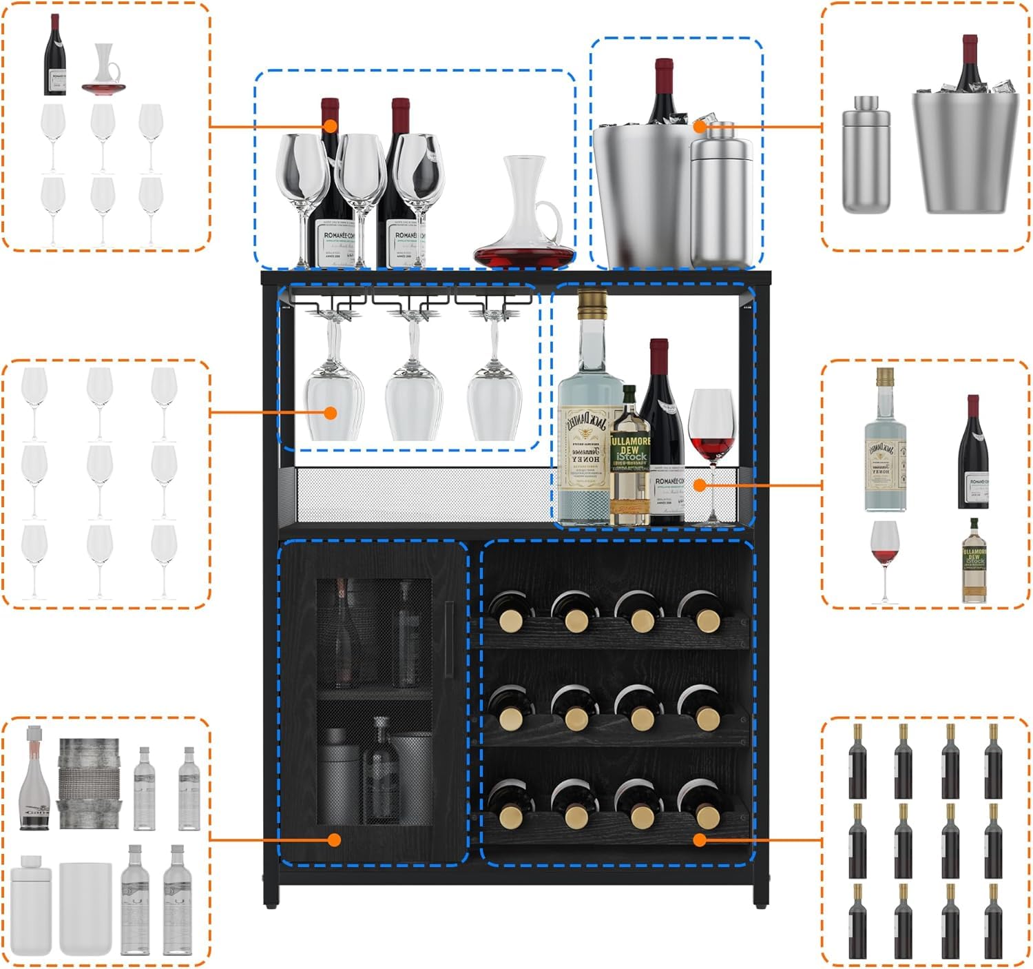 Garvee Botellero Industrial con Estante Ajustable para Vino y Soporte para Copas, Armario para Bebidas para Cocina, Comedor, Salón, 70x35x92 cm, Negro