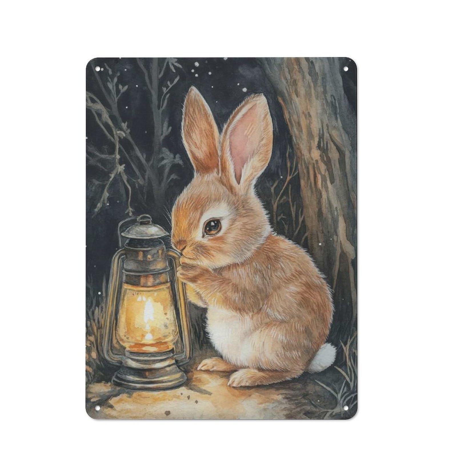 Metal Wall Sign 40x30cm Featuring Curious Bunny with Lantern for Living Room Wall, for Metal Sign Collectors, for Garage And Workshop Walls