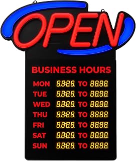 Programmable LED Open Sign with Business Hours, Remote Control， Business Hour Sign, Ultra Bright Large 21.26" x 23.62" LED Open Signs for Business Storefront Window, Coffee, Bakery, Bar, Salon