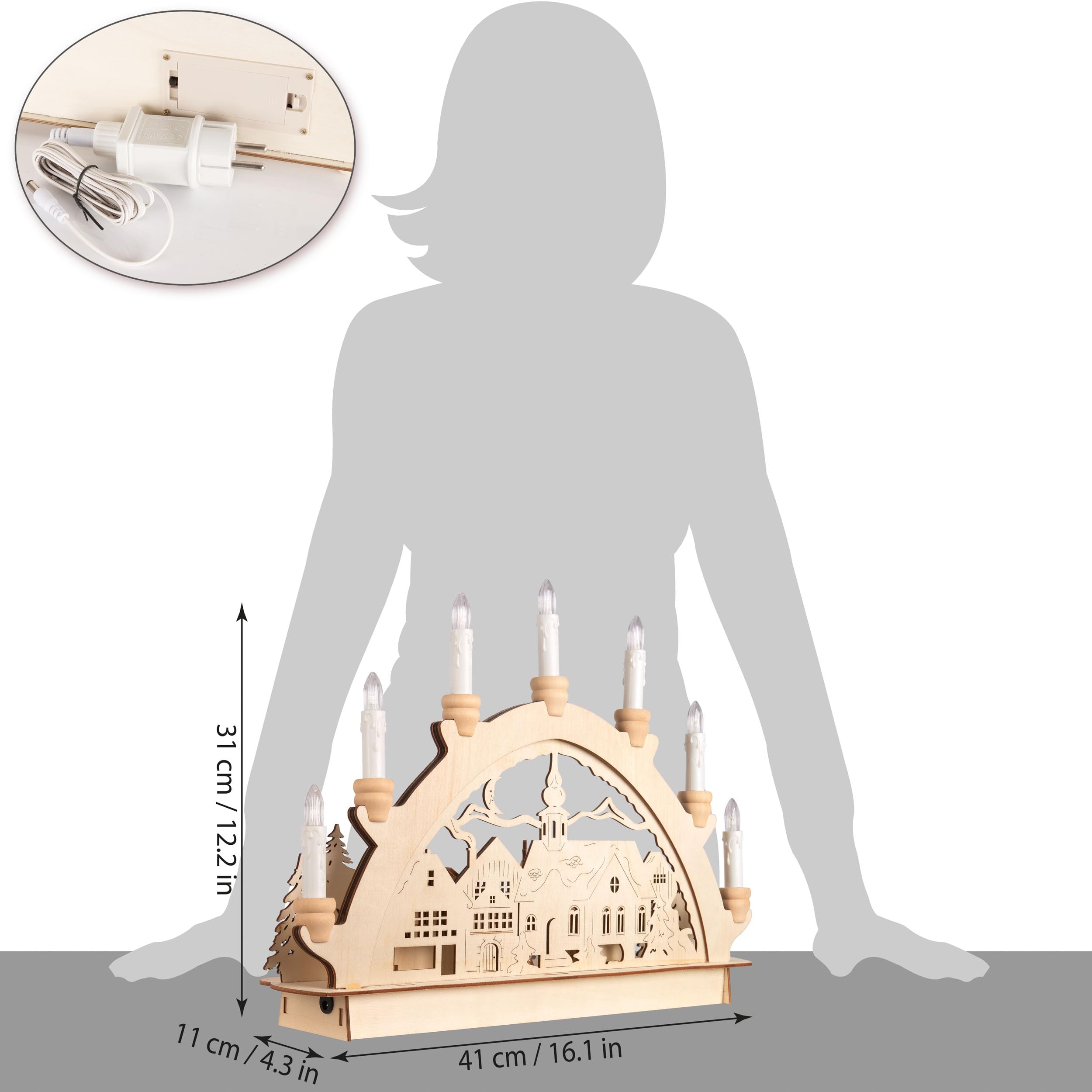 BRUBAKER 3D Lichterbogen - Schwibbogen LED Kerzen - Weihnachtsmarkt 2026 | Weihnachtsbeleuchtung aus Holz Natur - 31 x 41 x 11 cm - Handbemalte Figuren - Weihnachtsdeko für Tisch & Fenster