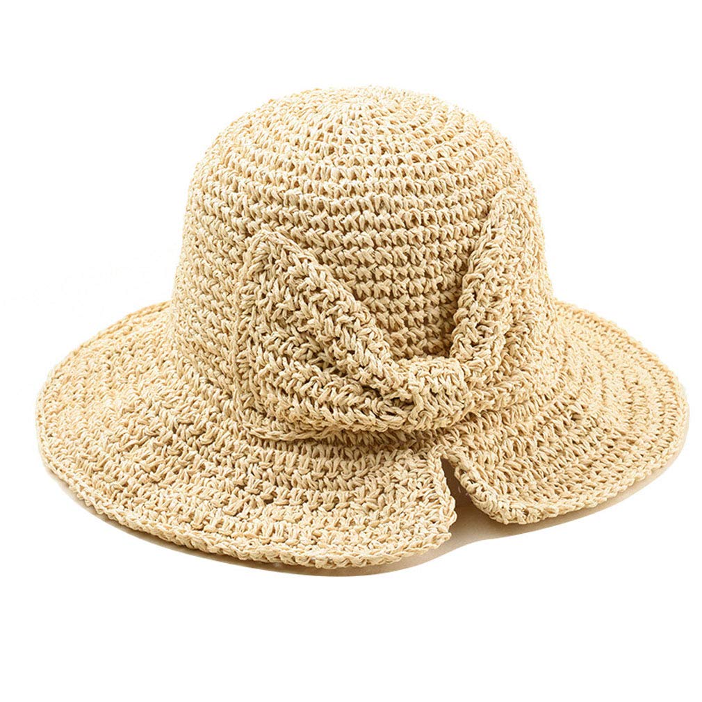 Junhouse Women's Beige 100% Raffia Handmade Weave Bow Sun Hat Wide Brim Floppy Summer Straw Hats Beach Bucket Hat Shade Hat
