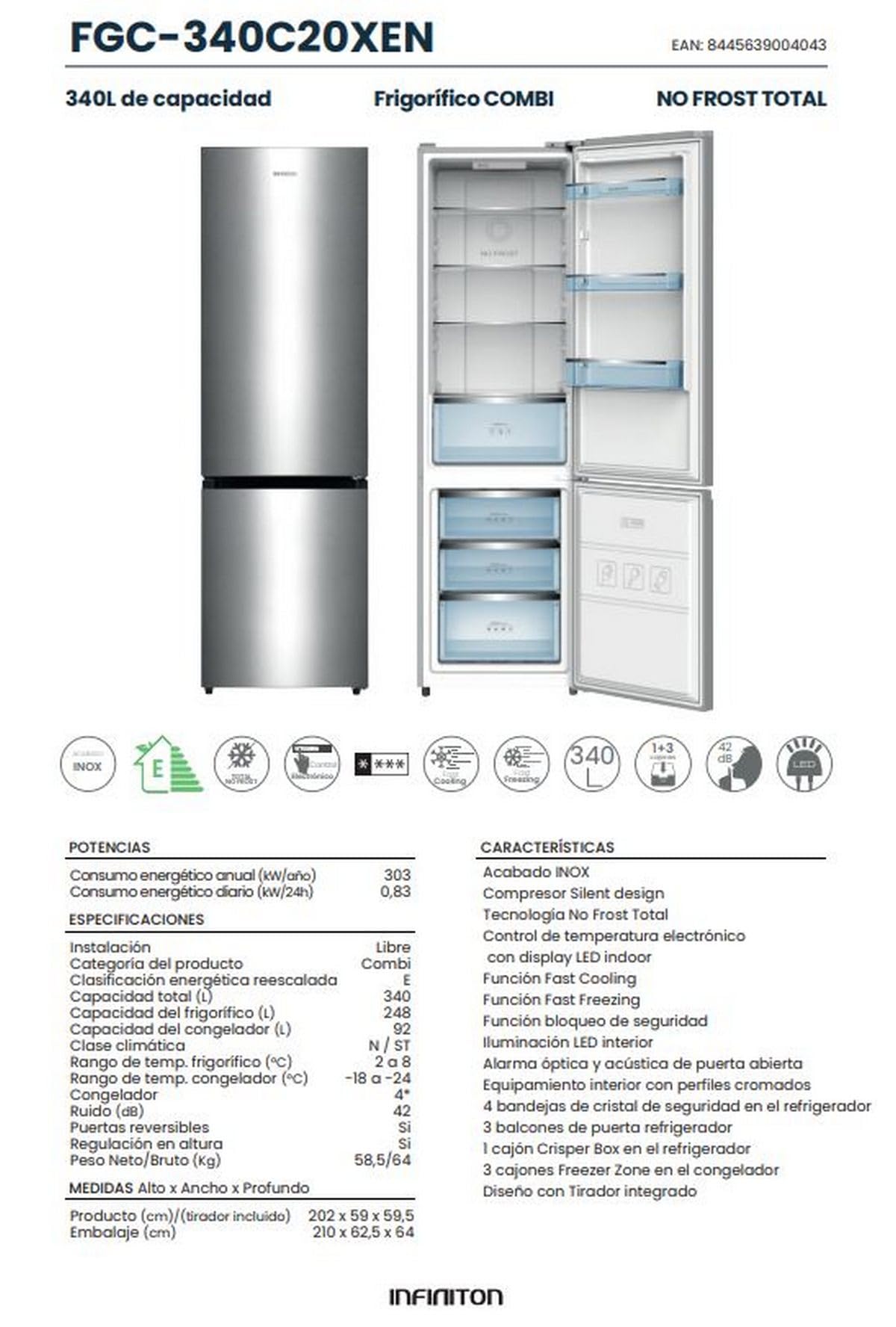 INFINITON Frigorifico Combi FGC-340C20XEN, 340 Litros, 200 cm de Altura, Tecnología No Frost Total,Fast Cooling y Fast Freezing,Iluminación LED interior, E, Inox