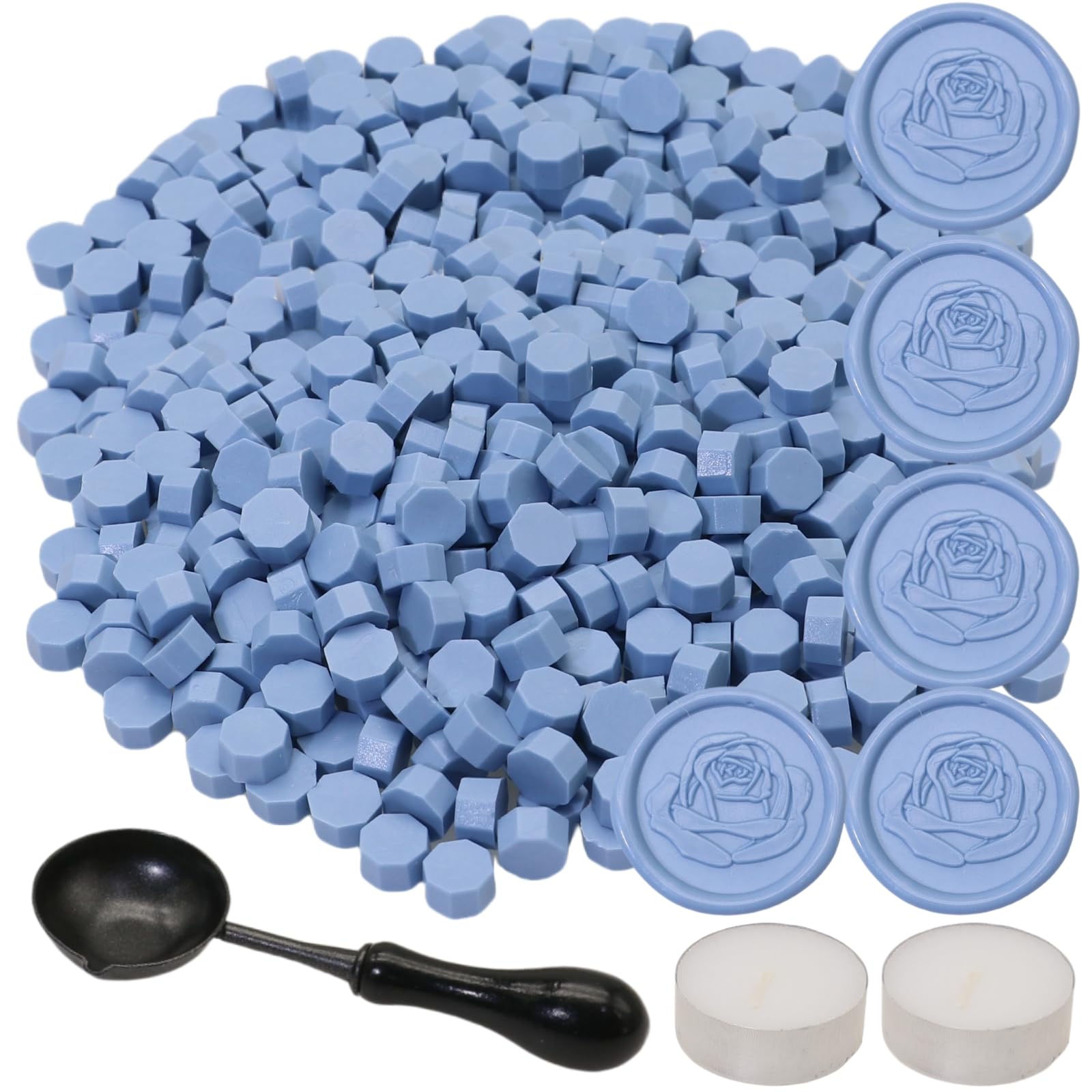 300Pcs Wax Seal Beads Set with Non-Slip Melt Spoon and Candles, Dusty Blue Sealing Wax Pellets Bead Great for Seals Stamp, Wedding Invitations, Xmas Gift, Envelope Seal (Dust Blue)